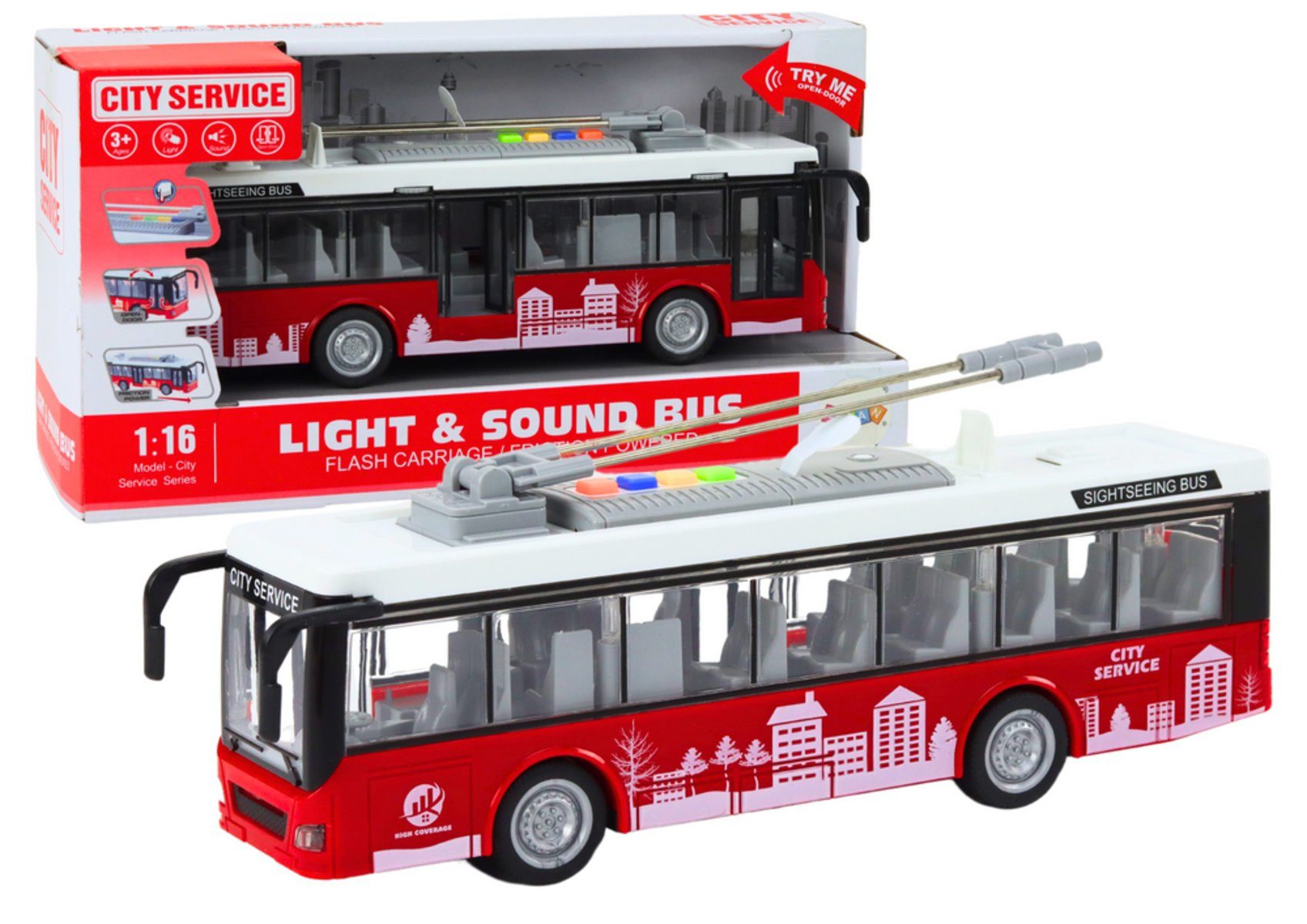Wisam Spielzeug-Auto Trolleybus Bus 1:16 Lichtgeräusche fahren weiß und rot