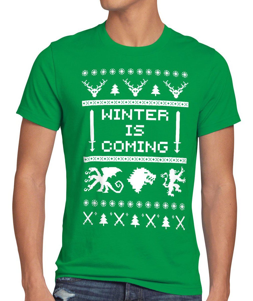 style3 Print-Shirt Herren T-Shirt 8-Bit Winter is coming thrones stark lennister of got schnee game grün