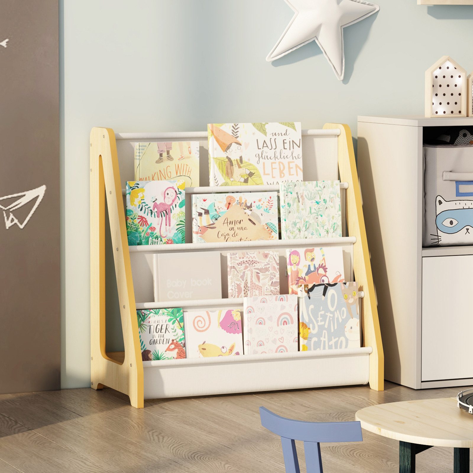 radelldar Bücherregal 4 Etagen Kinderregal, mit 4 Taschen, aus Holz, Vliess günstig online kaufen