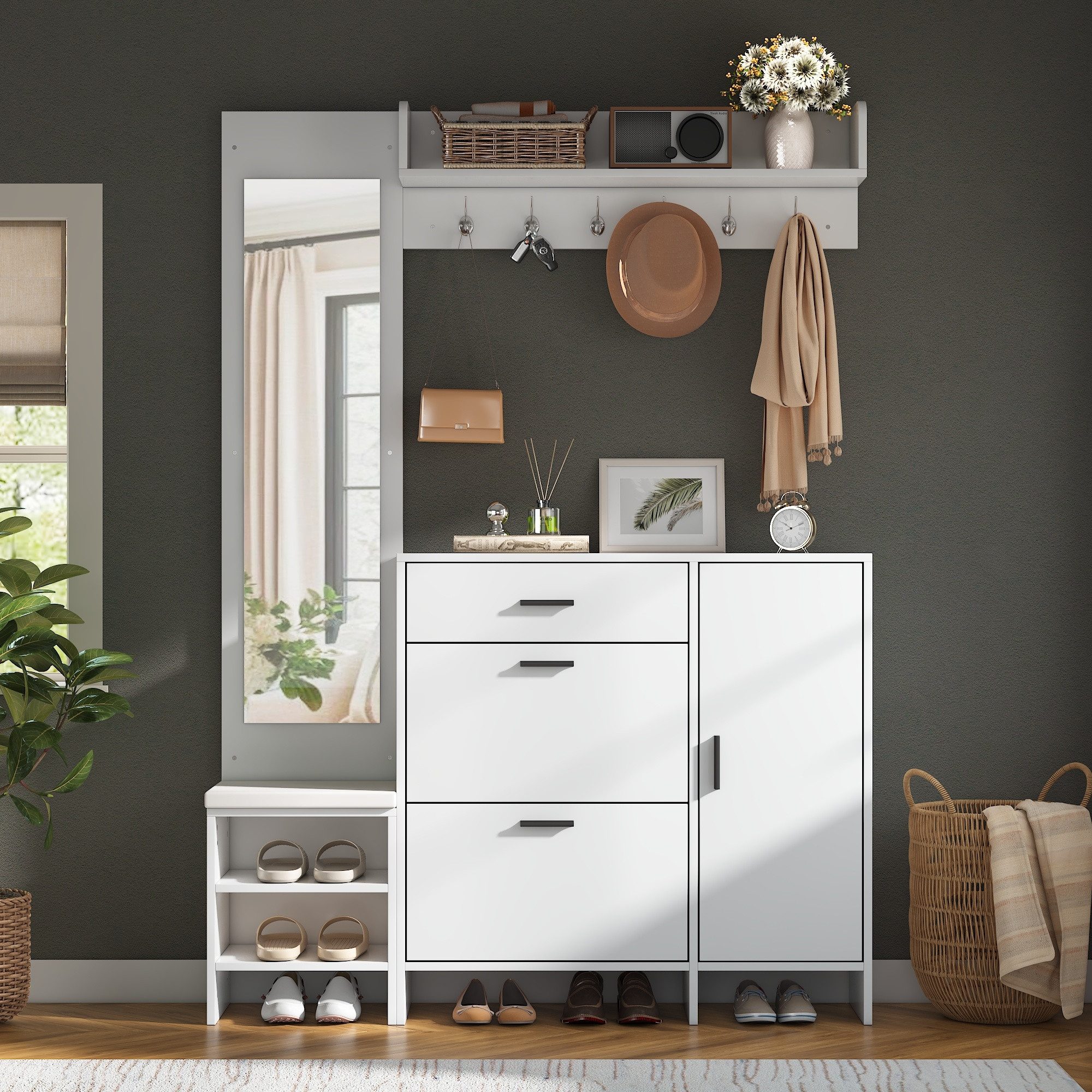 HAUSS SPOLE Garderoben-Set mit Schuhschrank,Kleiderhaken und Spiegel,Garderobenständer in Weiß, (Garderobenpaneel Eingangsbereich-Schrank mit Stauraumsystem), Multifunktionale Garderobenschrank (140×30×200cm)