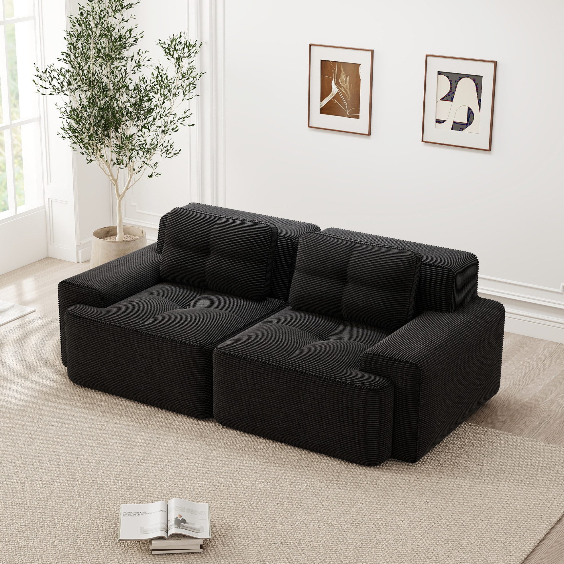 OKWISH Schlafsofa mit vakuumverpackten Kissen, strapazierfähigem Chenille-/Cord-Bezug, ergonomischer Tiefsitz-Unterstützung und stabiler rutschfester Konstruktion für flexible Wohn- und Relaxbereiche 1 Teile