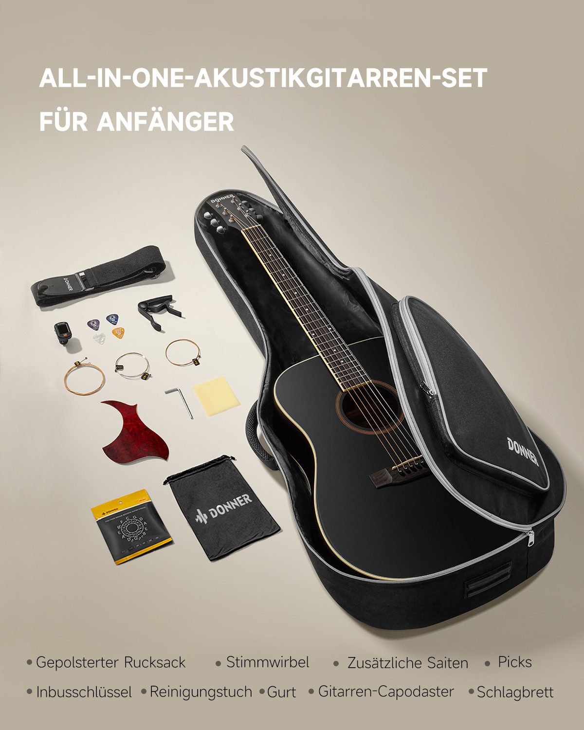 Donner Akustikgitarre Akustikgitarre in voller Größe 41 Zoll DAG-1CB, Komplettset, mit Gigbag, Gurt, Stimmgerät, Schlagbrett, für Anfänger in voller Größe kompl – Bild 5 von 5
