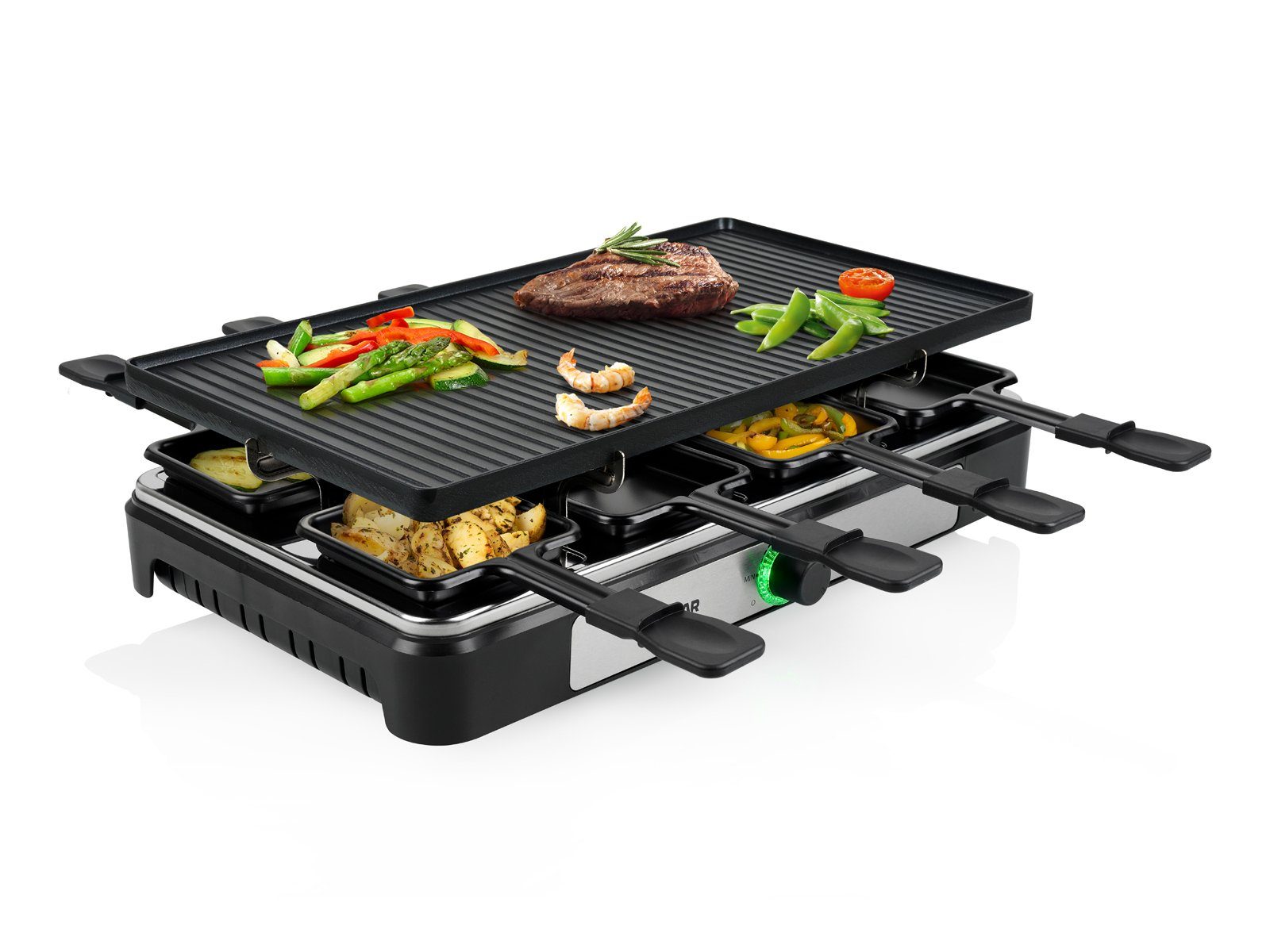 Tristar Раклетници, 8 Раклетнициpfännchen, 1400 W, Gerät für 2-8 Personen Tischgrill Grillplatte wendbar Camping geeignet