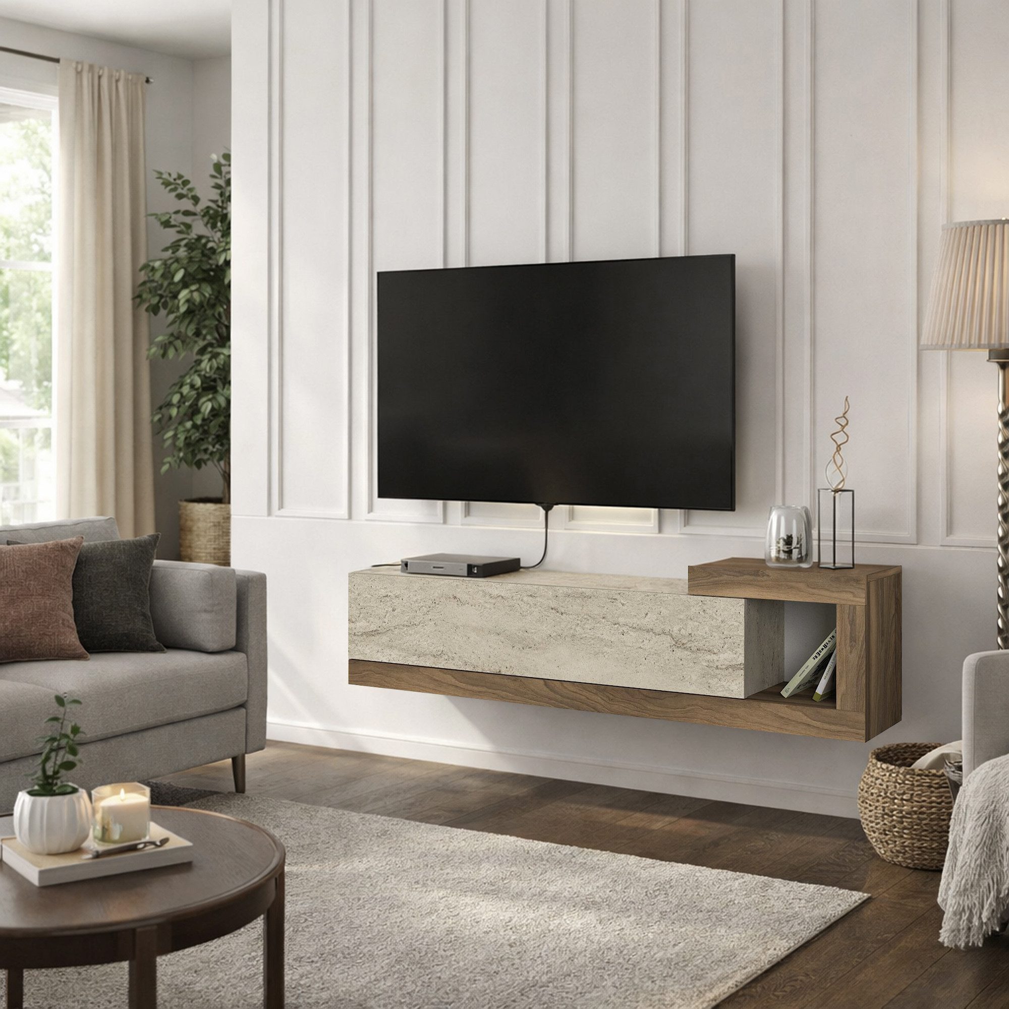moebel17 Lowboard TV Lowboard Bliss, TV Schrank, Wandmontierte TV-Regale Mit Tür (Einzelmöbel, 1 St., Besteht aus 1 TV Lowboard), Pflegeleichte Oberfläche, Granitoptik