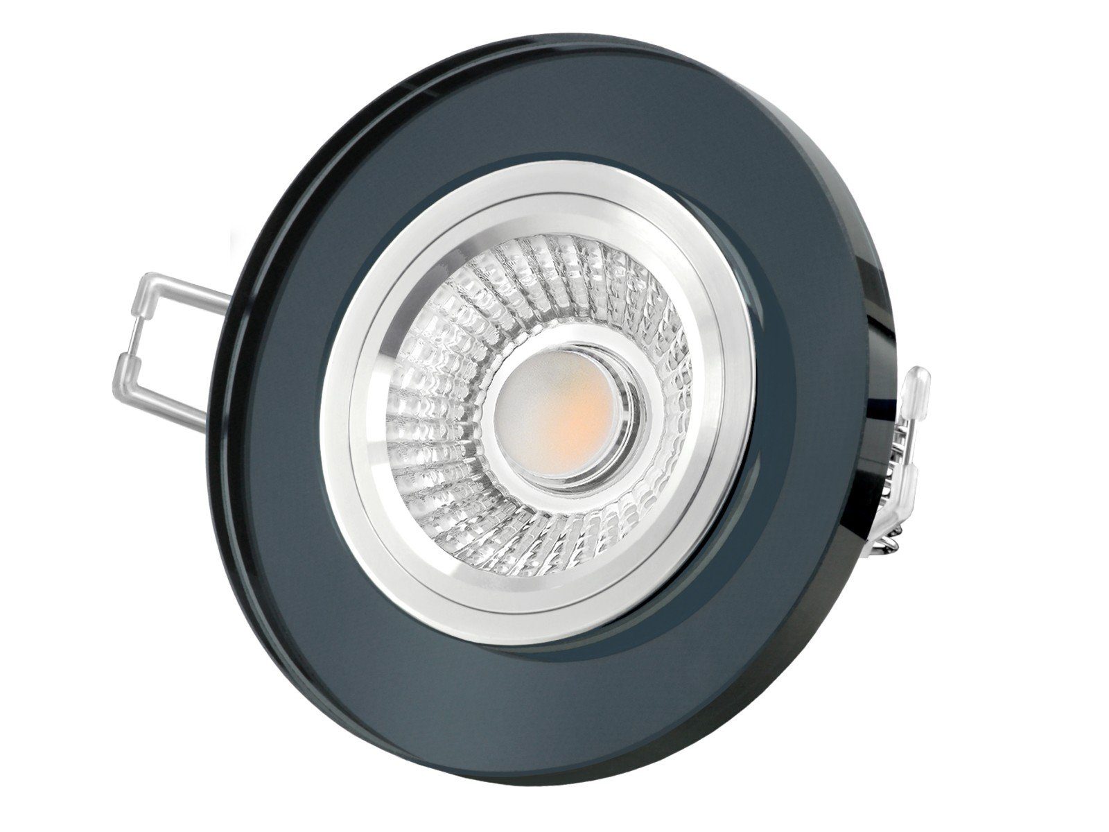 SSC-LUXon LED Einbaustrahler Flacher Design Einbaustrahler aus Glas rund schwarz spiegelnd, LED, Warmweiß