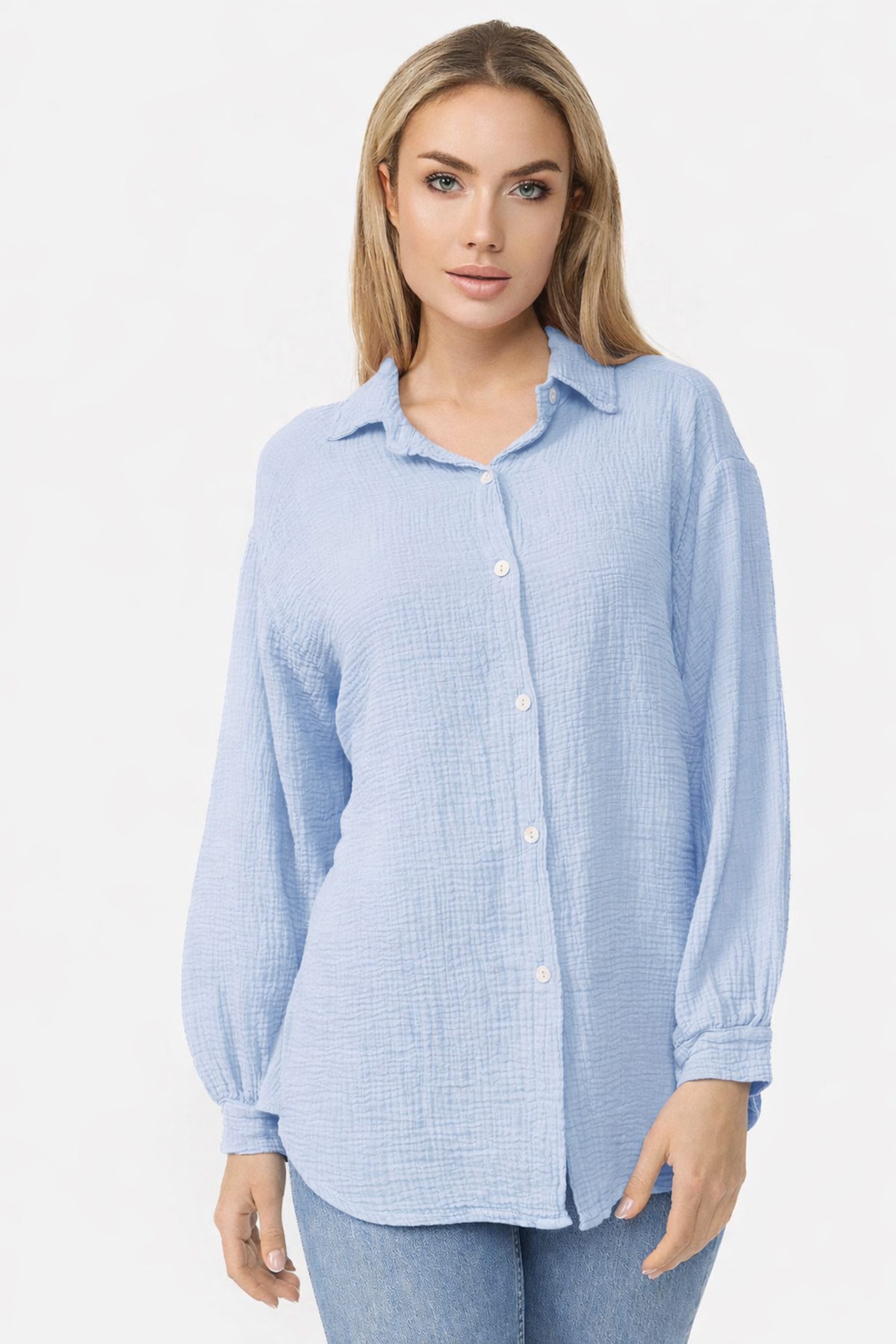 Worldclassca Hemdbluse Worldclassca Musselin Bluse Tunika Sommer Langarm Oberteil Einfarbig Neue Kollektion - Stilvolle und gemütliche Mode für Damen