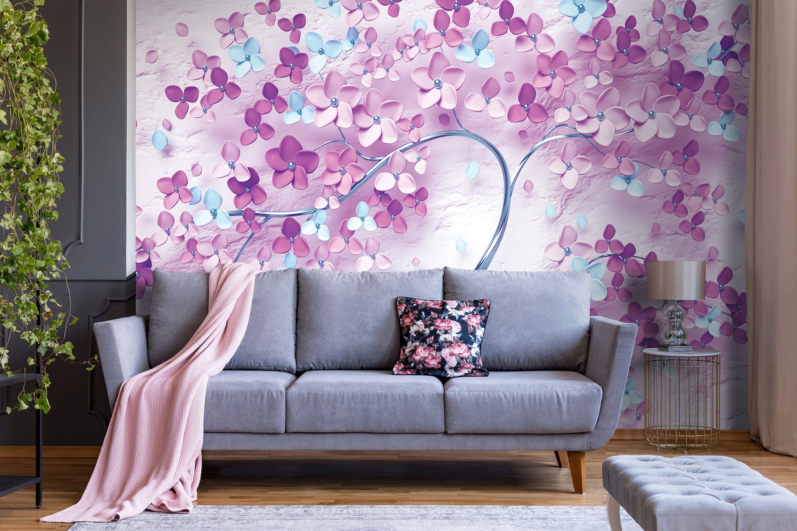 Wallarena Fototapete Kleister EFFEKT Schlafzimmer, 3d-Optik, Tapete Vliestapete Blumen inklusive Rosa Vlies 3D Wohnzimmer Glatt, Baum