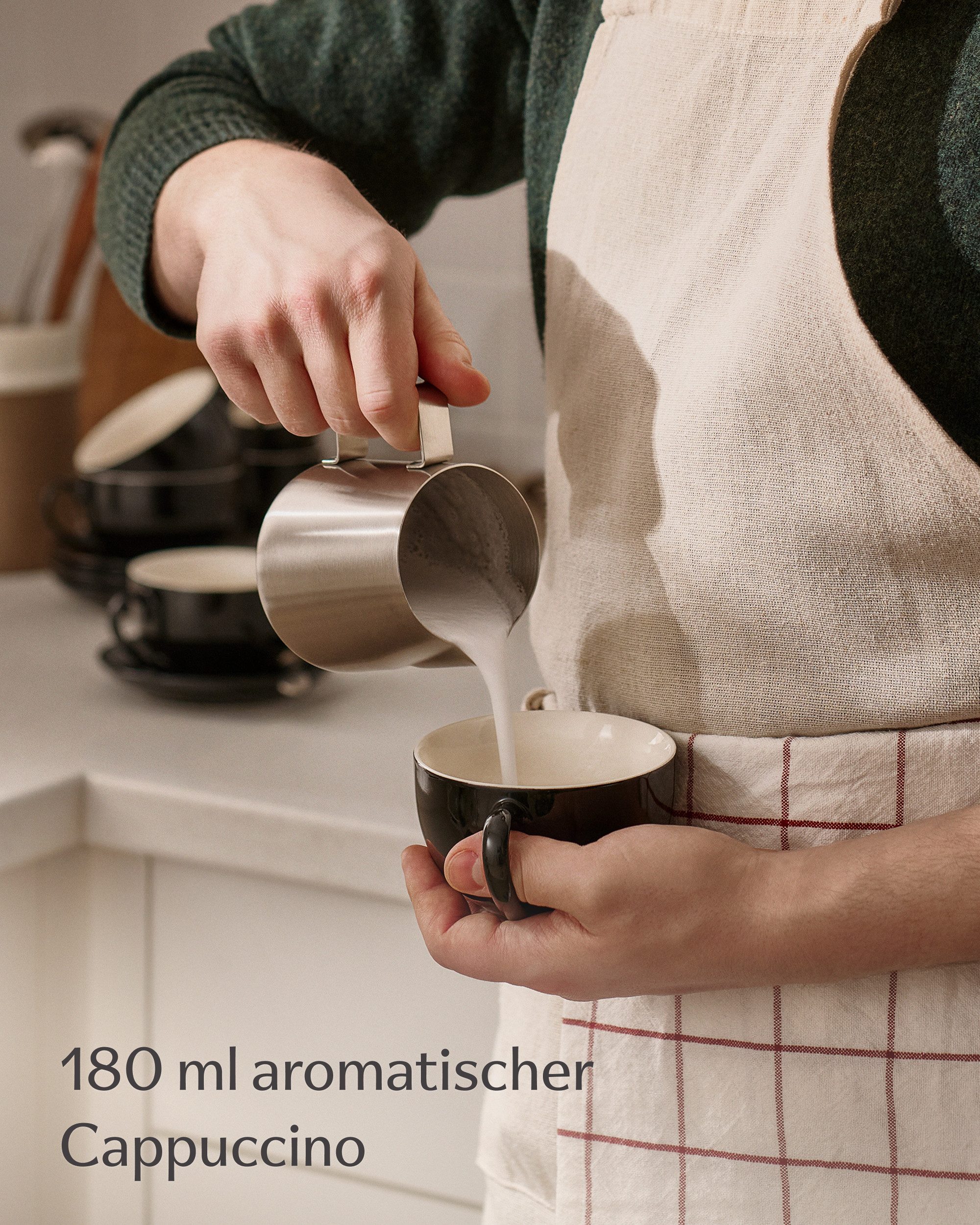 Cosumy Cappuccinotasse Cappuccino Tassen Set 6er mit Untertassen – Kaffeetassen Keramik 180ml, 6-tlg., Keramik, Mit Untertassen - Hält Lange warm - Spülmaschinenfest - 180ml