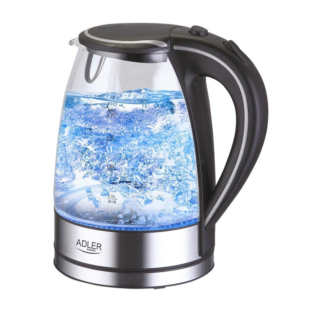 Adler Wasserkocher AD 1225, 1,7 l, 2200,00 W, blaue Beleuchtung, automatische Abschaltung, 360 Grad Sockel