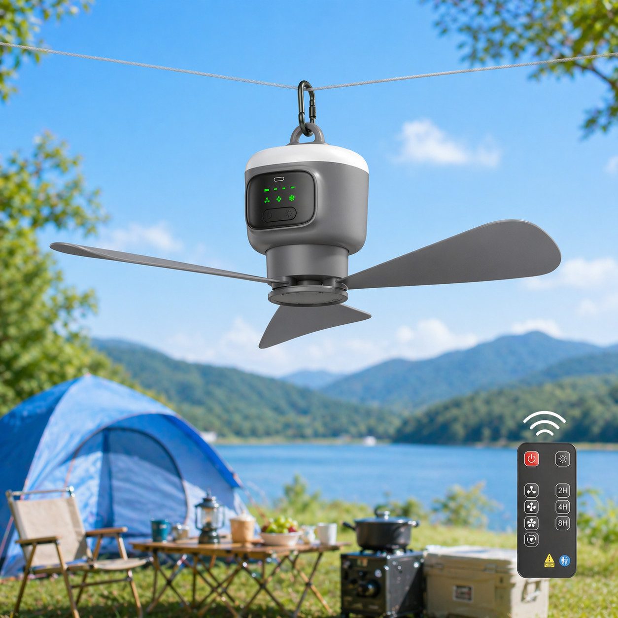 Rosnek Deckenventilator mit beleuchtung, grau, tragbar, 4 Stufen, Fernbedienung,7-16h Laufzeit, 12000mAh, leise, für Zelt, Pavillon, Terrasse, Wohnmobil & Büro
