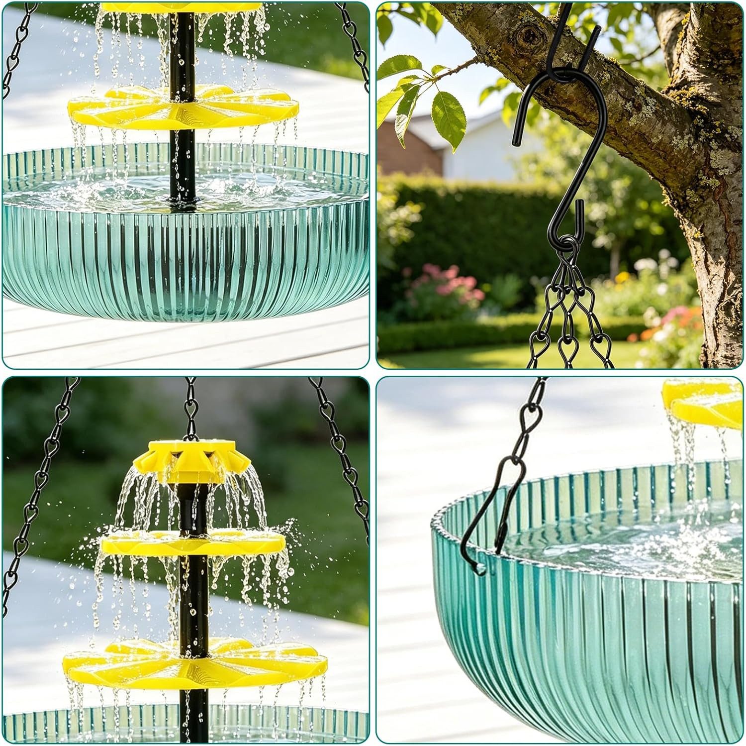 Srvillg Vogeltränke Solar Vogeltränke Hängend, 3-stufige Kaskadenbrunnen Deko, Für Garten & Terrasse, mit Solarpumpe und großem Wasserbecken