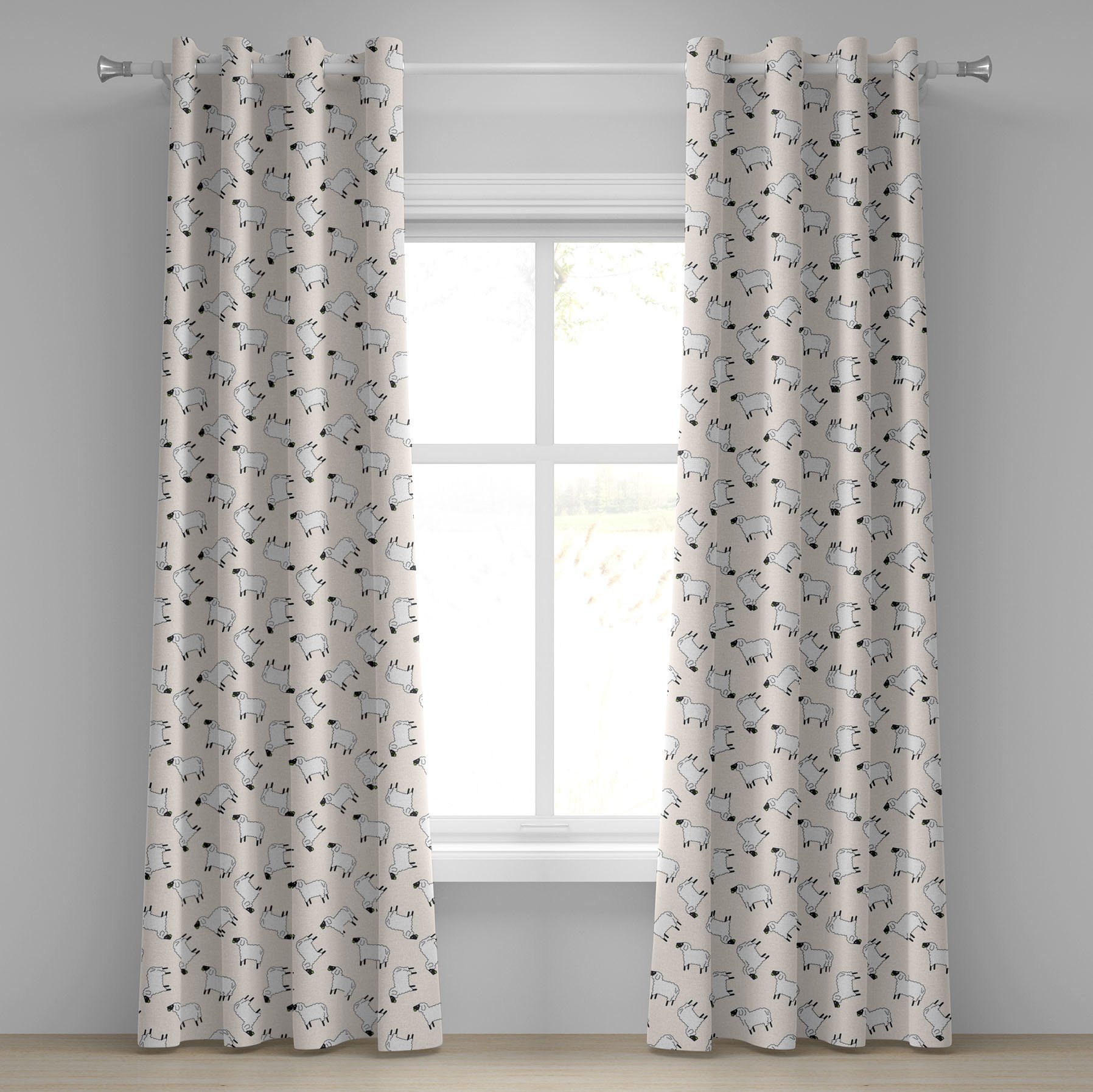 Gardine Dekorative 2-Panel-Fenstervorhänge für Schlafzimmer Wohnzimmer, Abakuhaus, Schaf Cartoon Tiere Grass