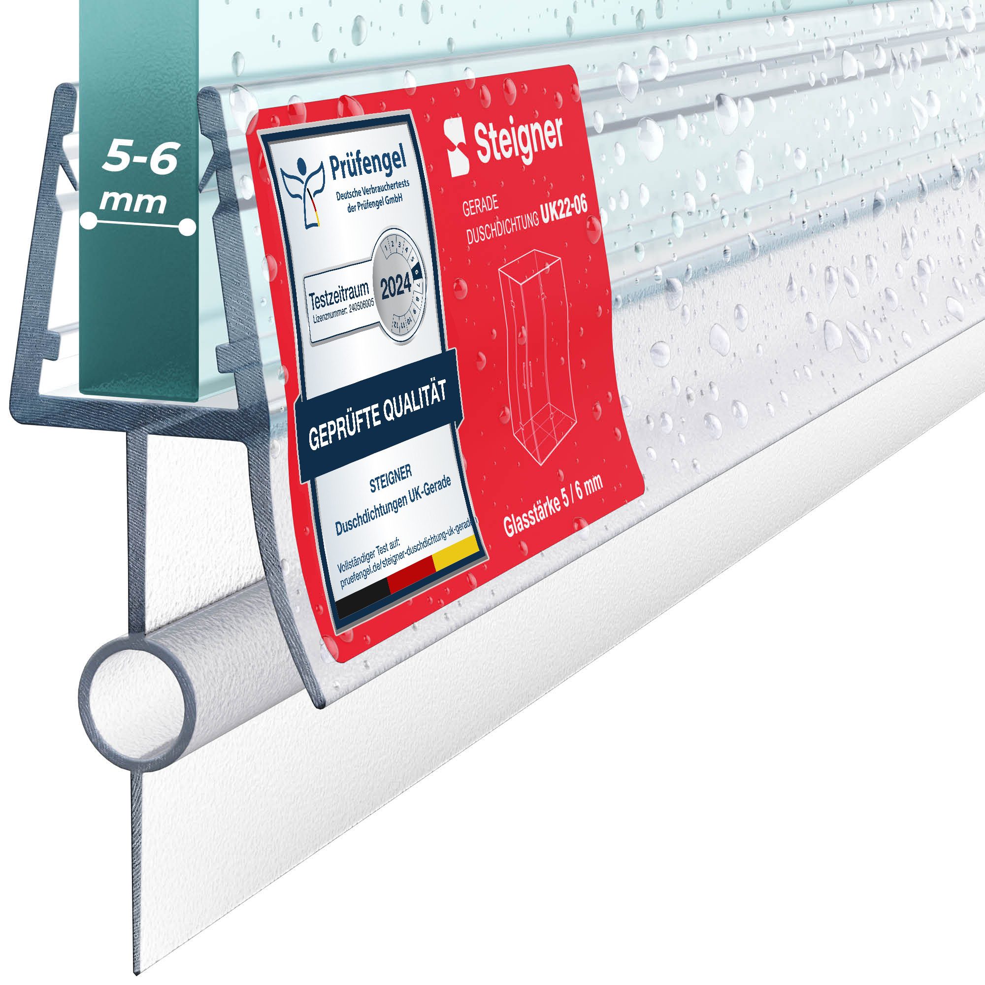 STEIGNER Duschdichtung Duschtürdichtung Gerade UK22-06 30 cm (1 Stk) Transparent 5-6 mm, L: 30 cm, (1 Stück Packung, Einzeldichtung), Dichtung für Eckeinstieg Dusche oder Fünfeckdusche mit Duschtür