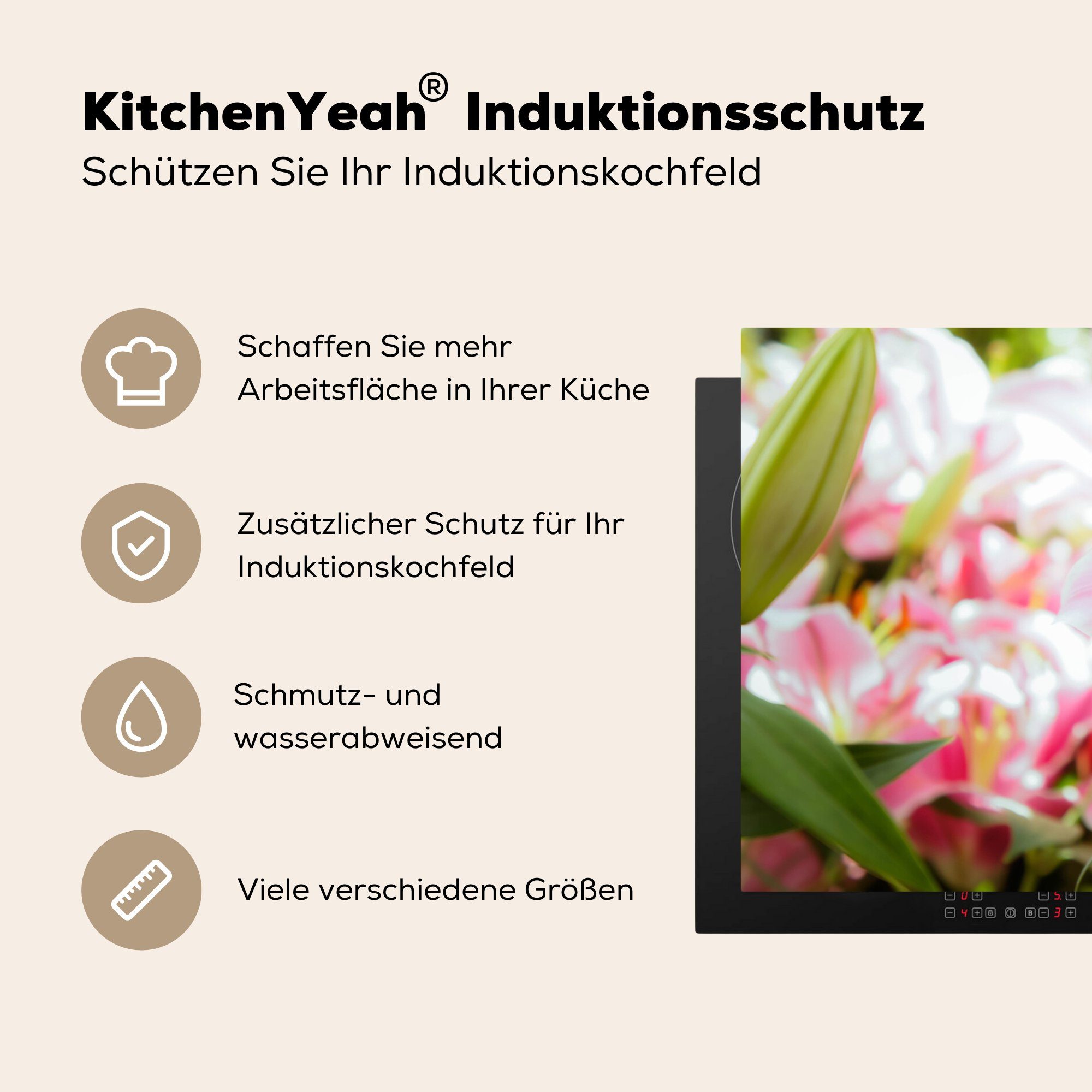 MuchoWow Herdblende-/Abdeckplatte Lilie - tlg), die Induktionskochfeld küche, Blumen - Schutz Vinyl, (1 cm, 81x52 Rosa, Ceranfeldabdeckung für