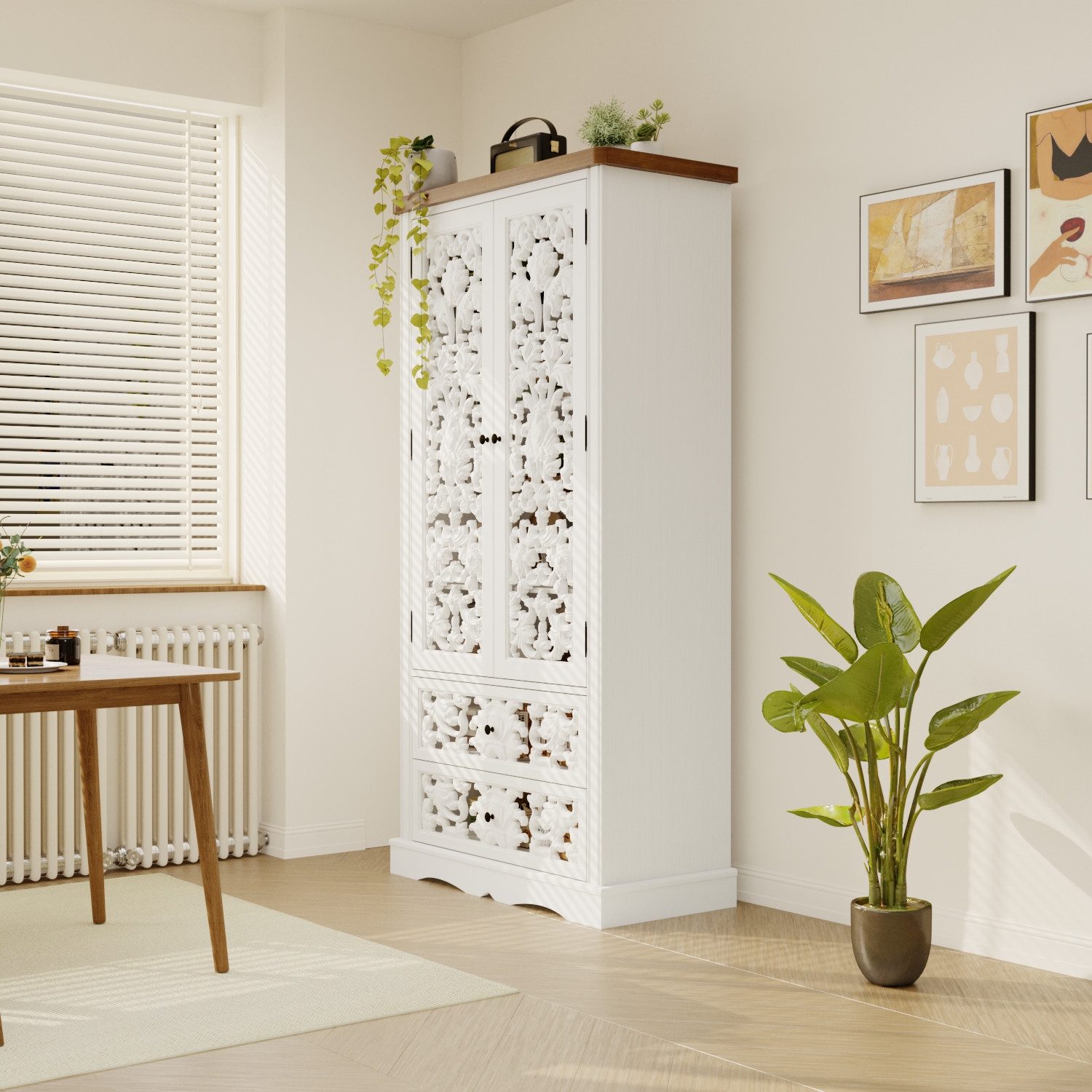 FUFU&GAGA Buffet Geschirrschrank mit geschnitzten Türen, Weiß, HDF, 84×40×1 günstig online kaufen