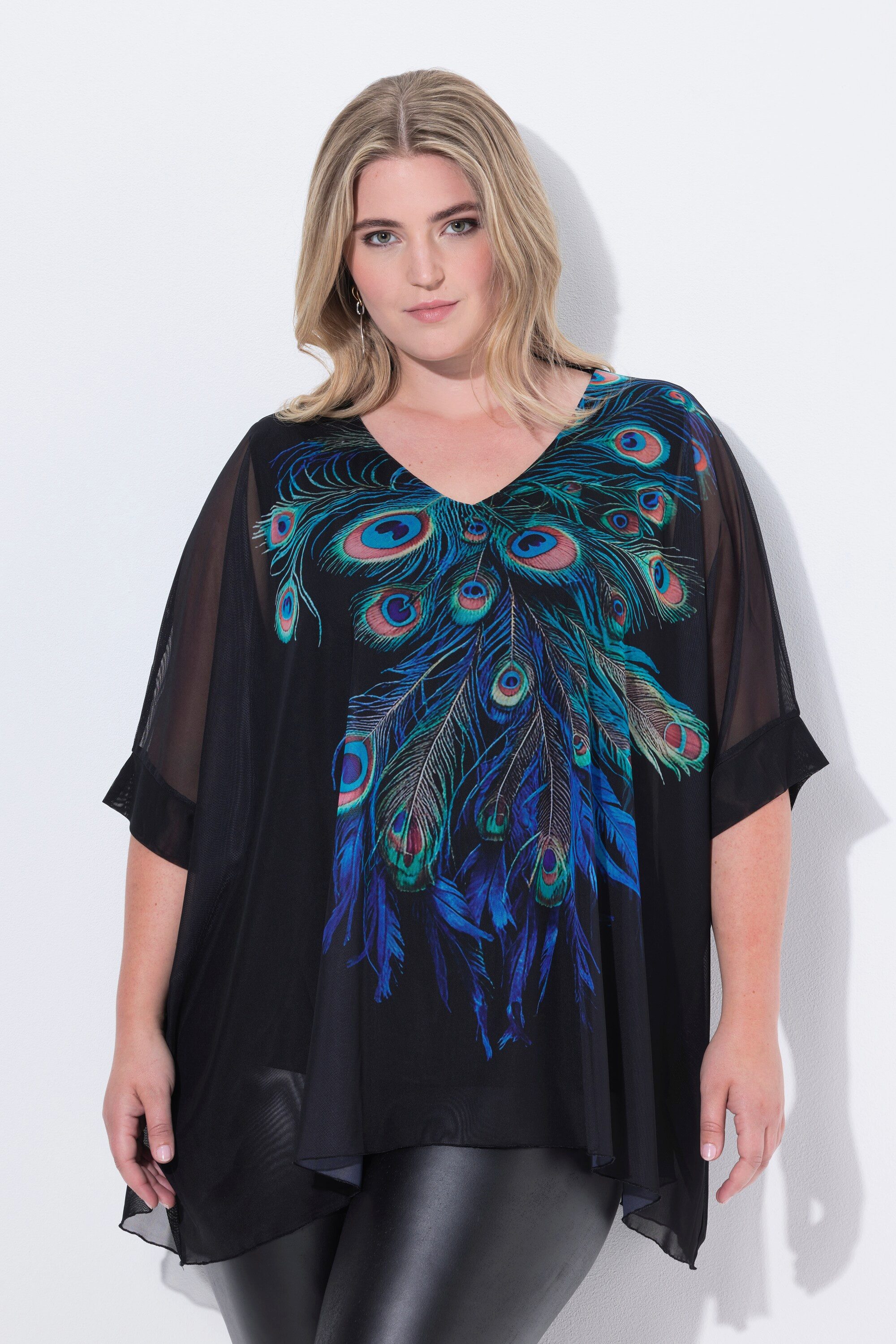 Druckbluse Mesh-Bluse oversized Pfauenfedern
