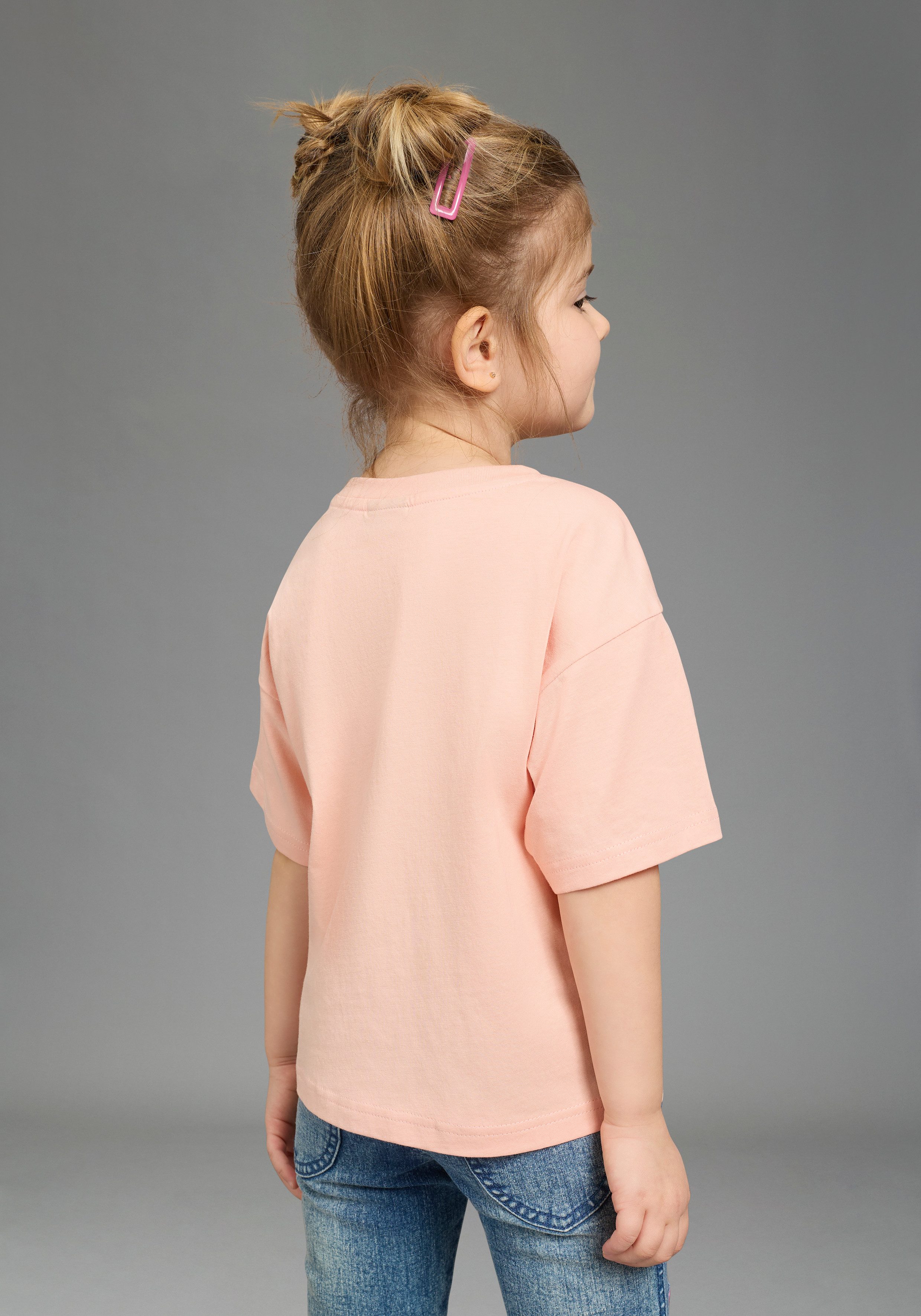 KIDSWORLD T-Shirt mit süßen Druck und Häckelblumen lässige Passform, Kurzarm, geblümt, mit Häkelapplikation