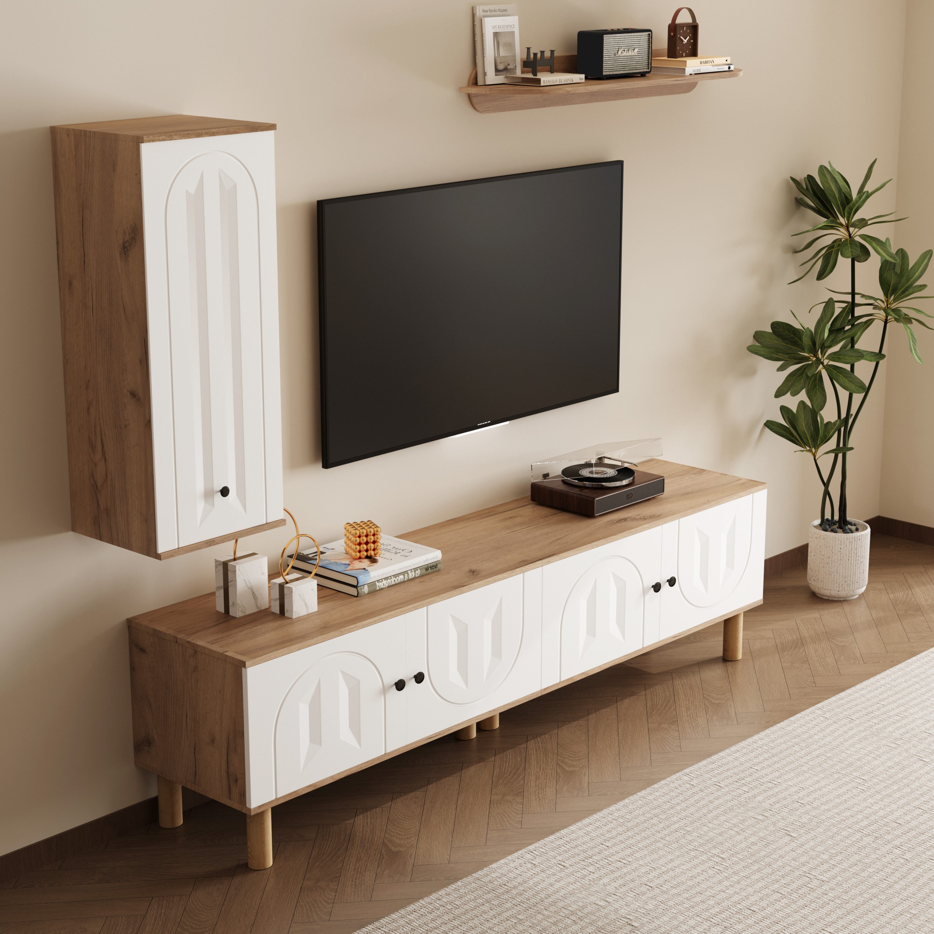 REDOM Wohnzimmer-Set Farbkombination Weiß & Naturholz, (Wohnwand, TV-Wandkombination, 3-St., 3-teilig,Einzigartige geschnitzte Türpaneele), Offene und geschlossene Fächer