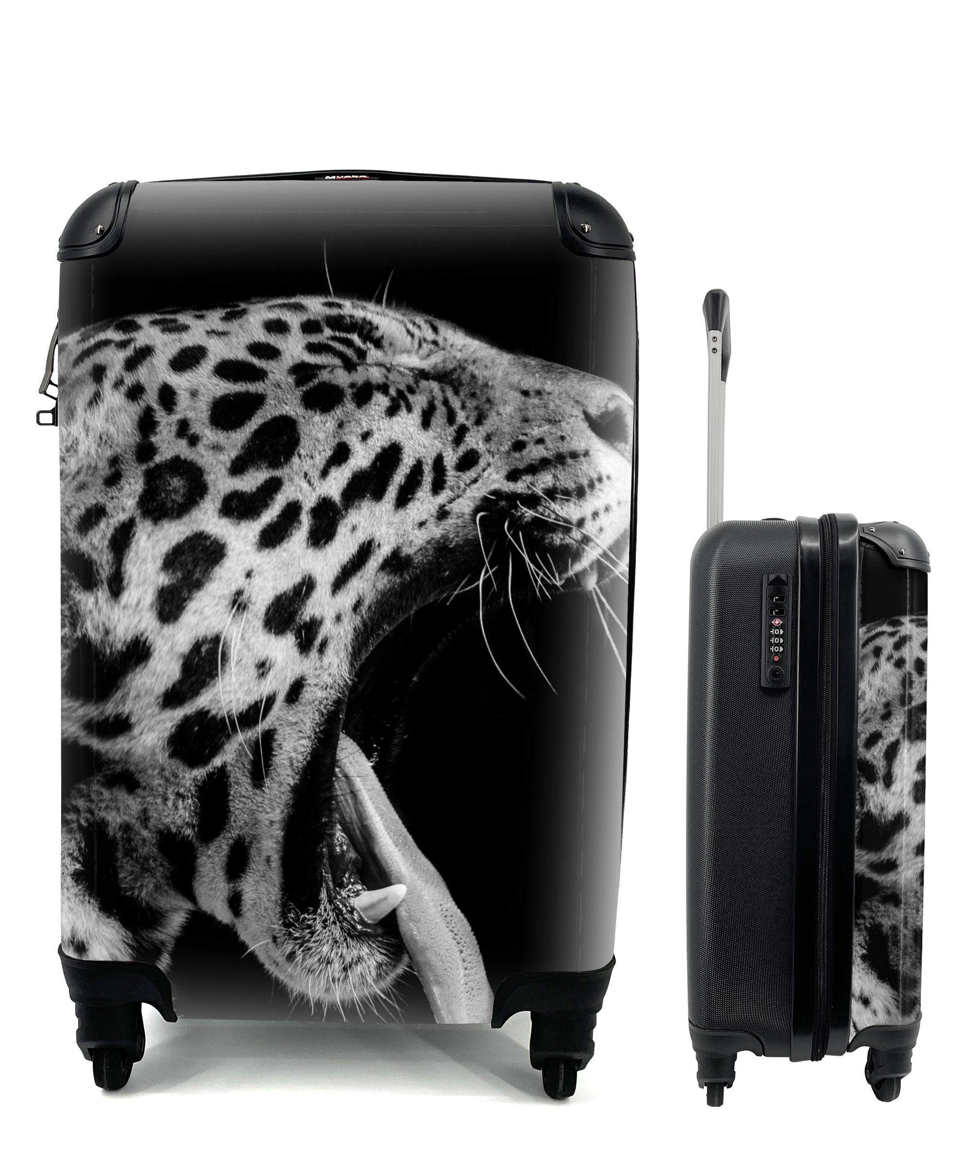MuchoWow Handgepäckkoffer Jaguar - Tier - Schwarz - Weiß, 4 Rollen, Reisetasche mit rollen, Handgepäck für Ferien, Trolley, Reisekoffer