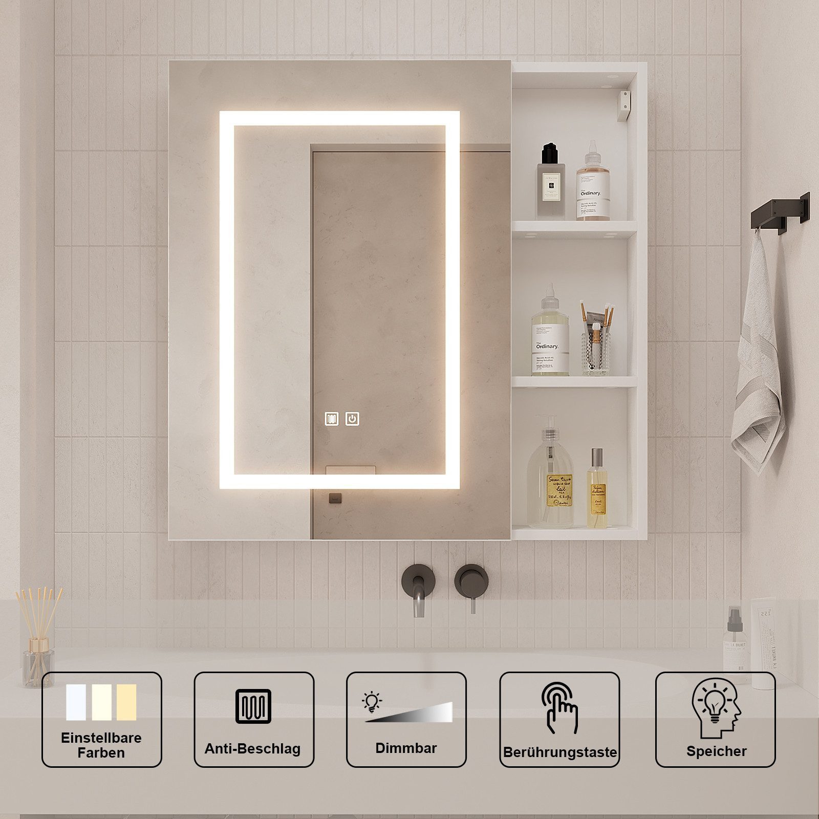radelldar Spiegelschrank LED Badspiegelschrank mit Stauraum, Hängender Medizinschrank (1-St) mit 3 Lichtfarben & Speicherfunktion, 70 x 70 cm