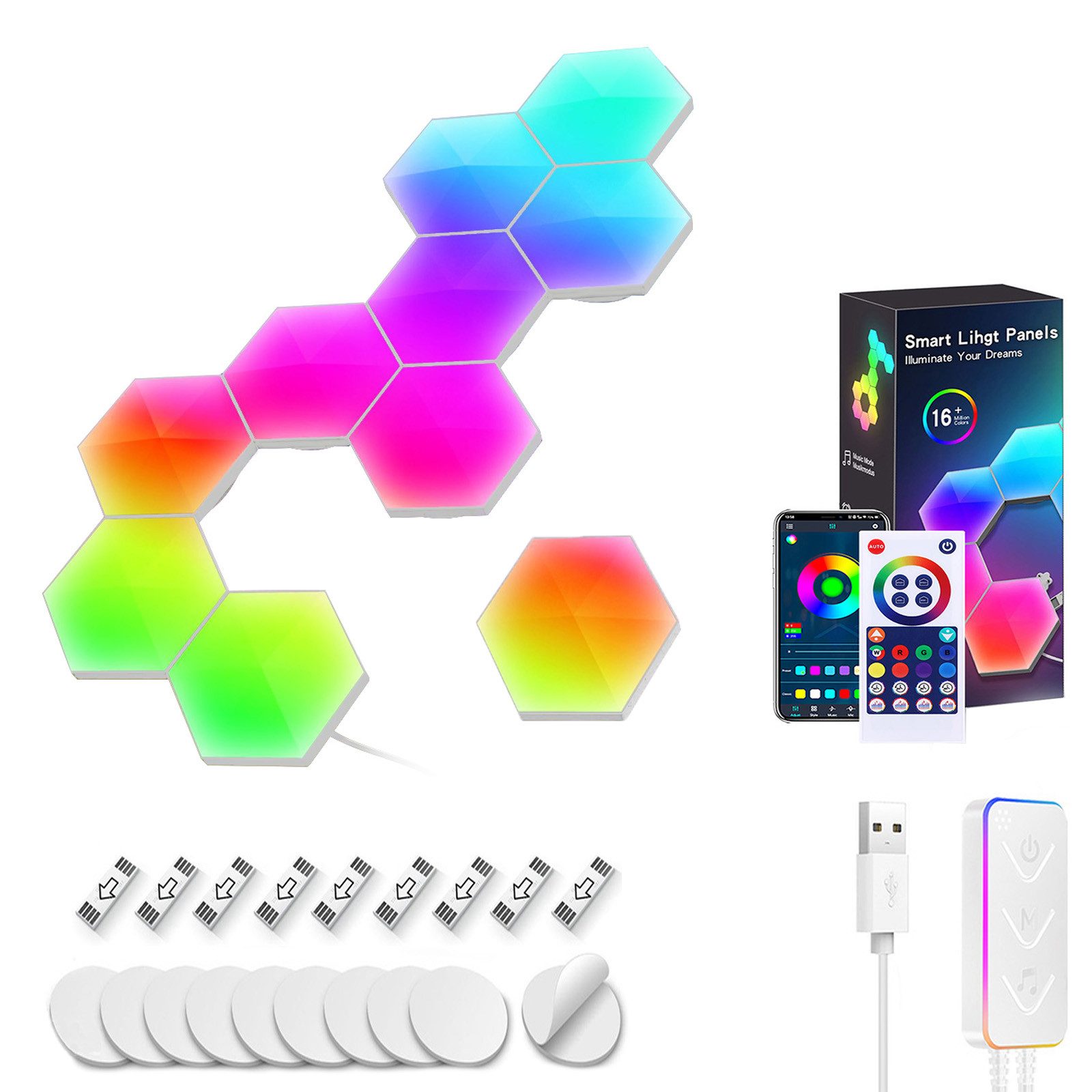 Jibenhome LED Dekolicht LED Sechseck Gaming Wandleuchte Timer RGB Panel Hexagon Waben Wanddeko, APP & Fernbedienung, Musik Sync Deko