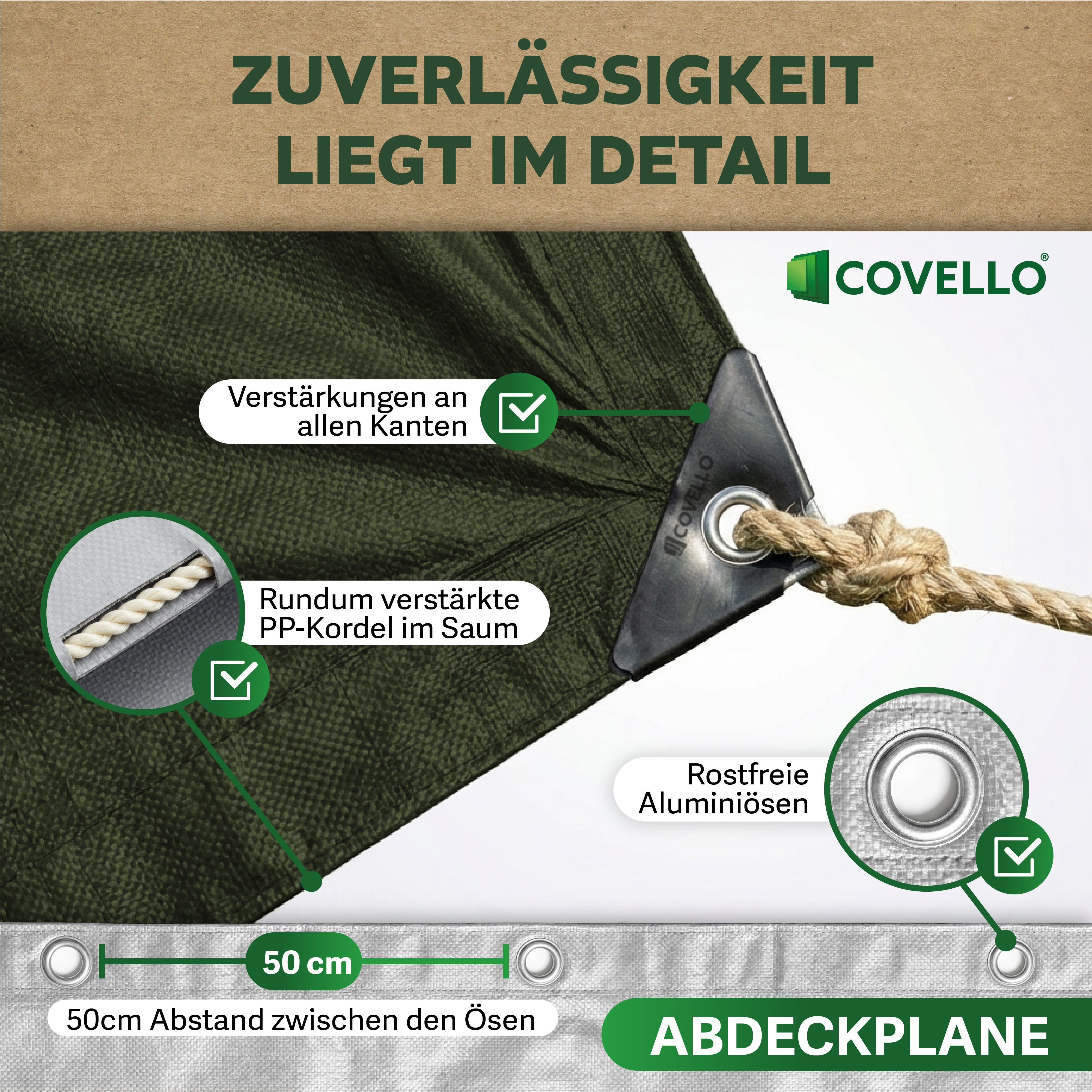 Covello Schutzplane 180g/m² grün, Abdeckplane mit Ösen wasserdicht, Plane UV-stabilisiert in vielen verschiedenen Farben & Größen