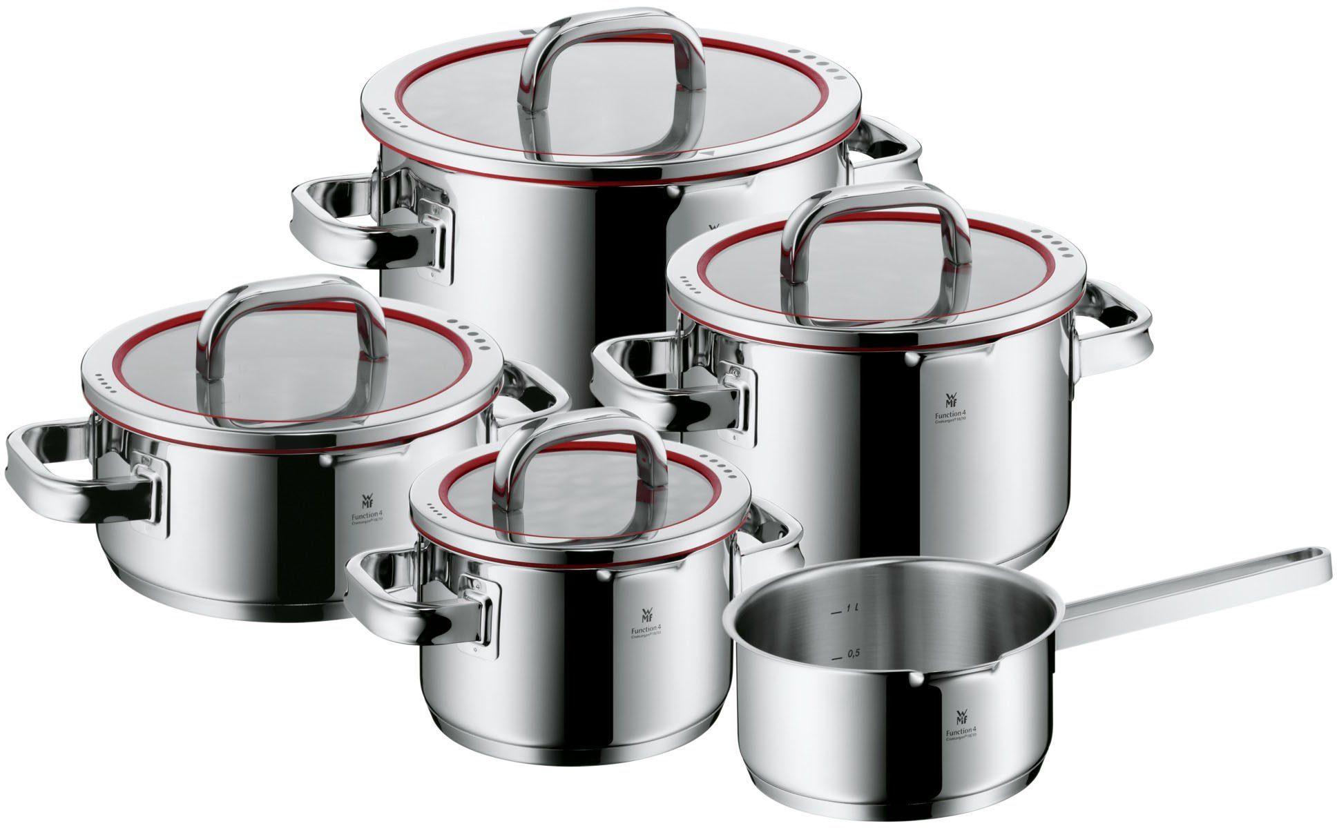 WMF Topf-Set Function 4, Glasdeckel mit 4 Abgießfunktionen, poliert, unbeschichtet, Cromargan® Edelstahl Rostfrei 18/10 (Set, 9-tlg., 1x Bratentopf 20cm, 3x Fleischtopf 16/20/24cm, 1x Stielkasserolle 16cm), Induktions Töpfe Set, Innenskalierung, für alle Herdarten geeignet