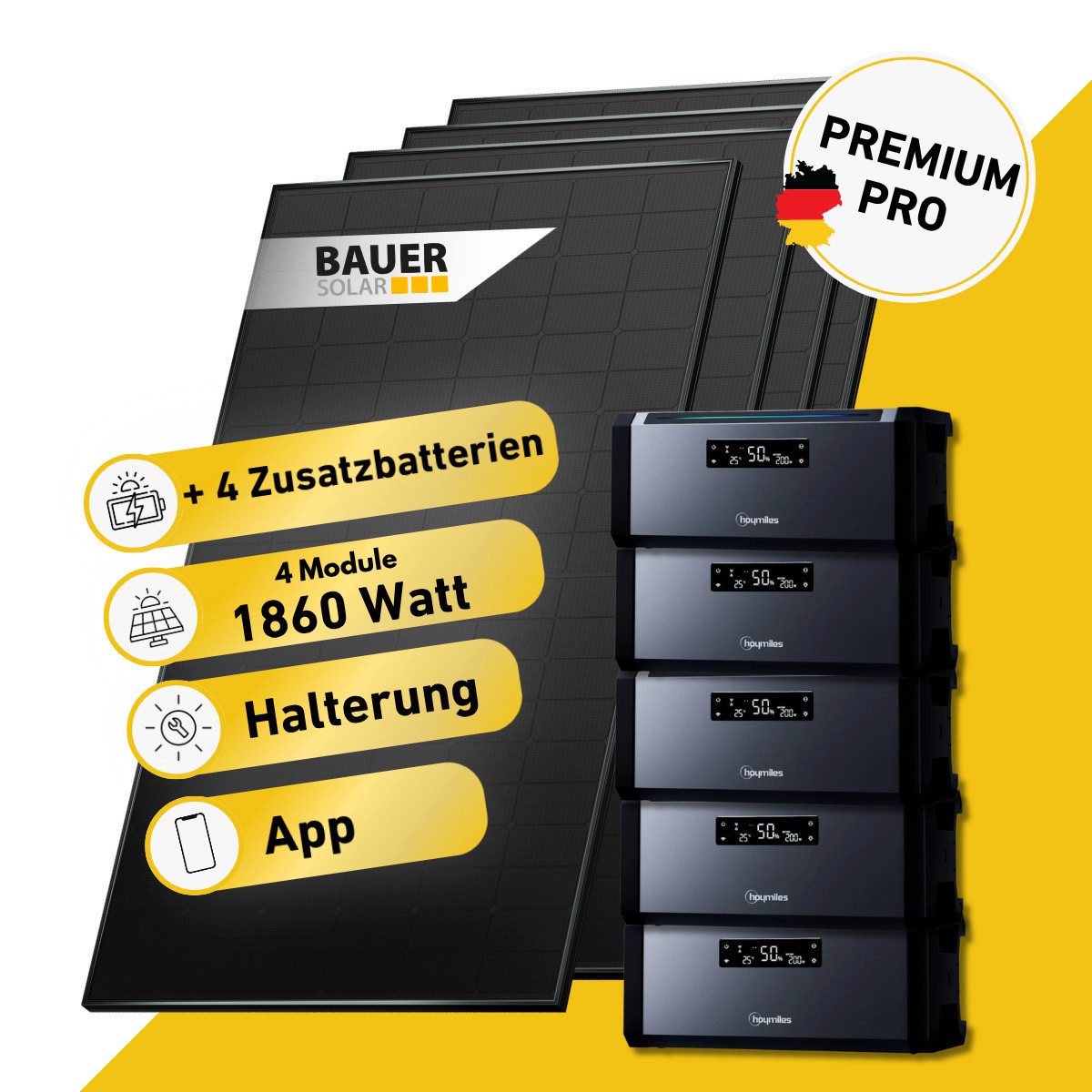 Balkonstrom Balkonkraftwerk PREMIUM Pro 1860 Watt Solaranlage mit Speicher Komplettset Bifazial, 1860 W, Monokristallin, (4x BAUER Solarmodul á 465 Watt, 1x Hoymiles HiBattery 1920 AC, 1-5 Zusatzspeicher Hoymiles HiBattery), Halterung für Dach, Fassade, Balkon & Garten, App & Plug&Play DE