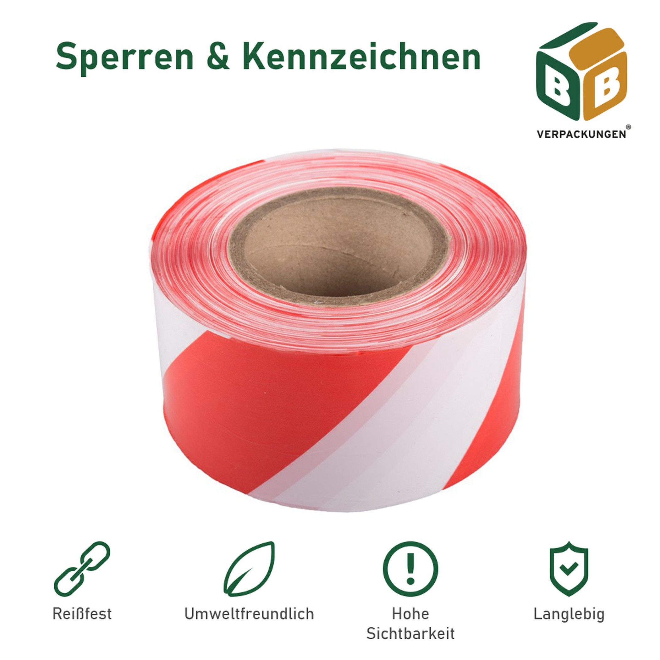 BB-Verpackungen Warnschild Absperrband, (1 St), 75 mm x 500 m, rot/weiß, sehr reißfest