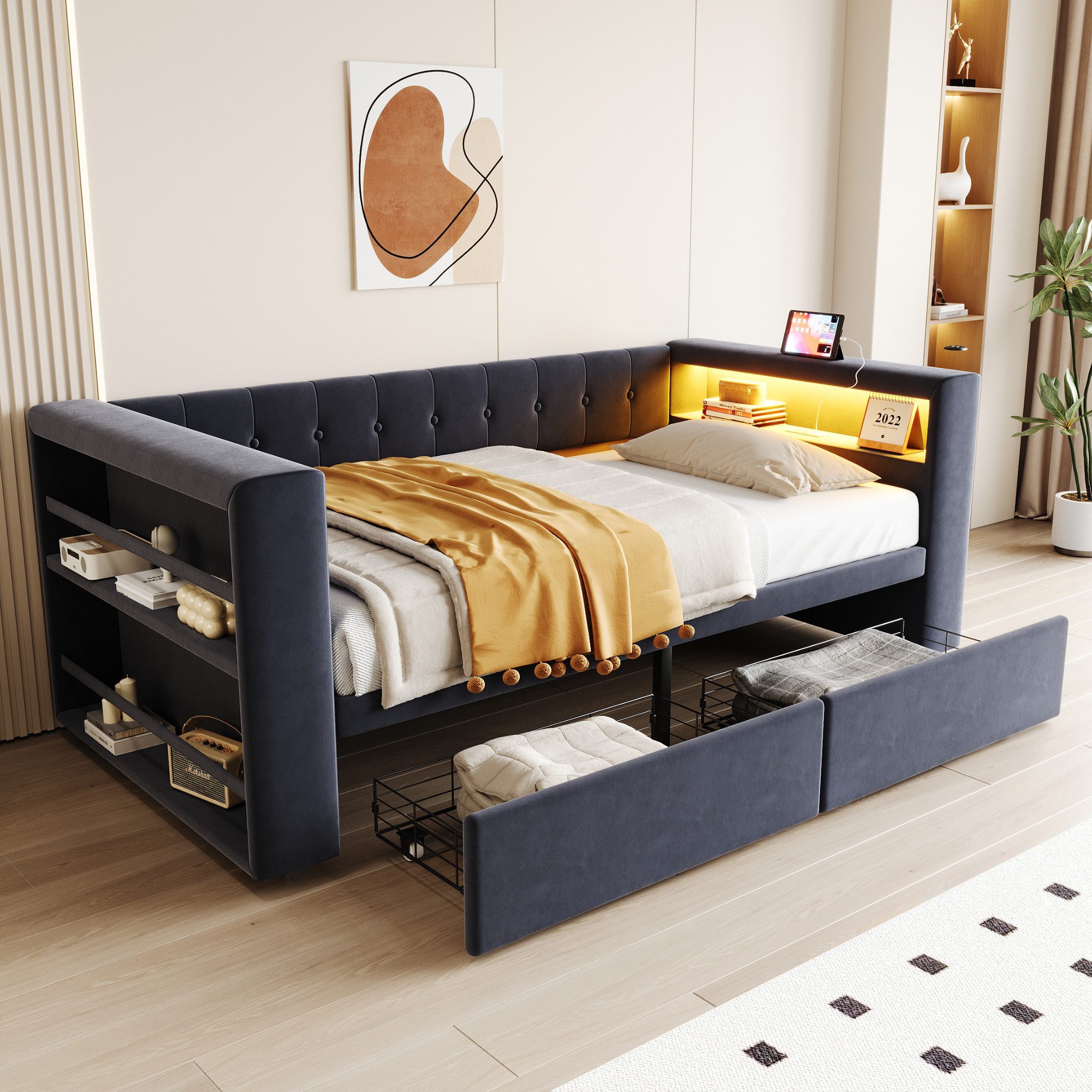 OKWISH Schlafsofa Polsterbett Funktionsbett, mit LED-Beleuchtung, Steckdose & großem Stauraum 90×190 cm, ohne Matratze