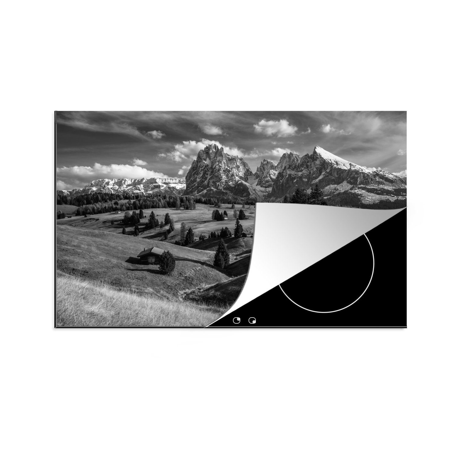 MuchoWow Herdblende-/Abdeckplatte Seiser Alm - Schwarz - Weiß - Gras, Vinyl, (1 tlg), 81x52 cm, Induktionskochfeld Schutz für die küche, Ceranfeldabdeckung