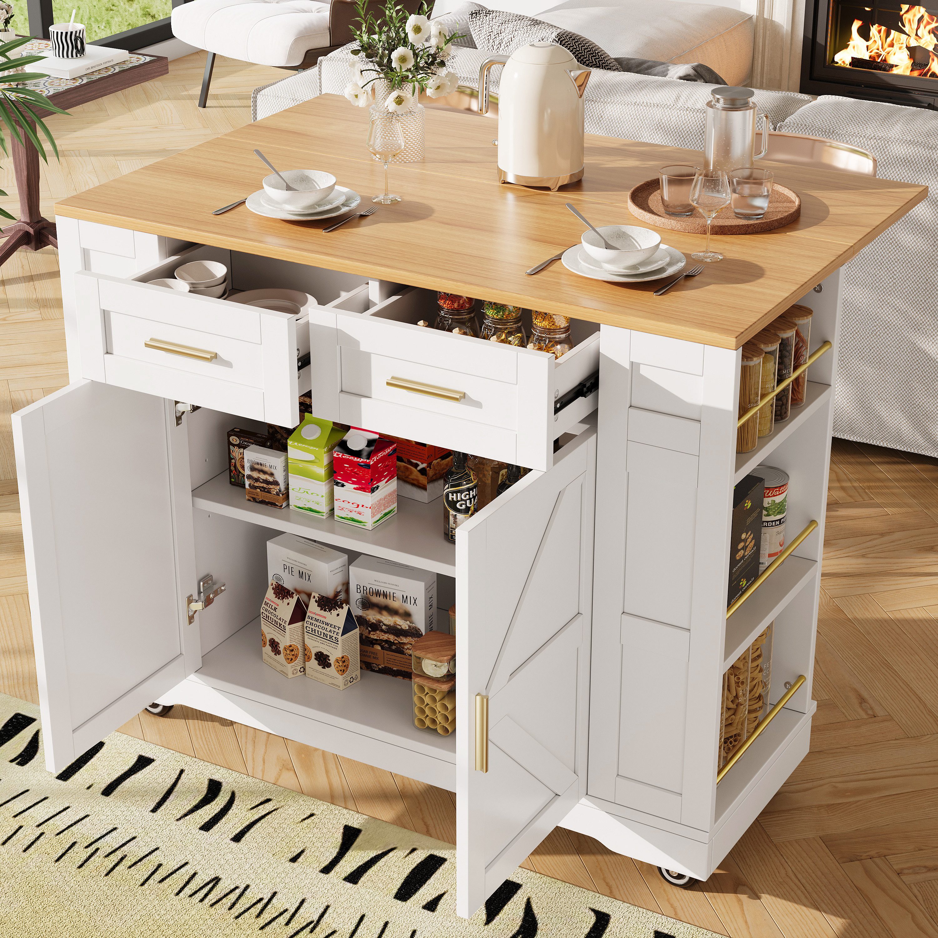 Flieks Küchenwagen mit erweiterbarer Arbeitsplatte und Rollen, (1 St), Servierwagen mit Schubladen und Ablagen Kücheninsel Buffetschrank Weiß