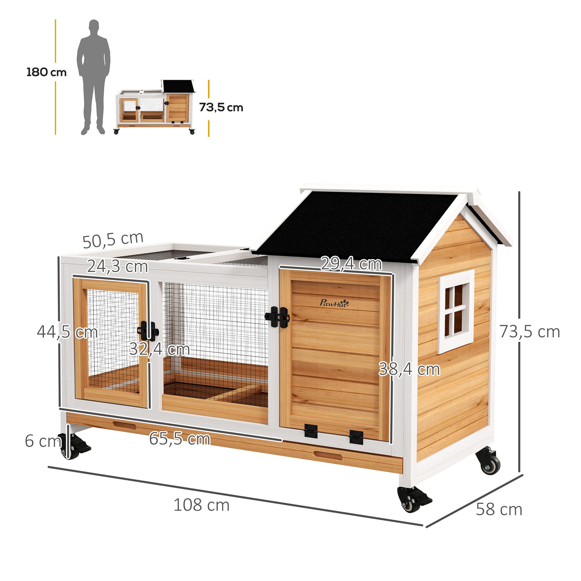 PawHut Kleintierstall Zwergkaninchenstall mit Freilaufgehege, Räder, Zwergkaninchenkäfig, mit Ausziehbarem Tablett für Indoor, Outdoor, Gelb