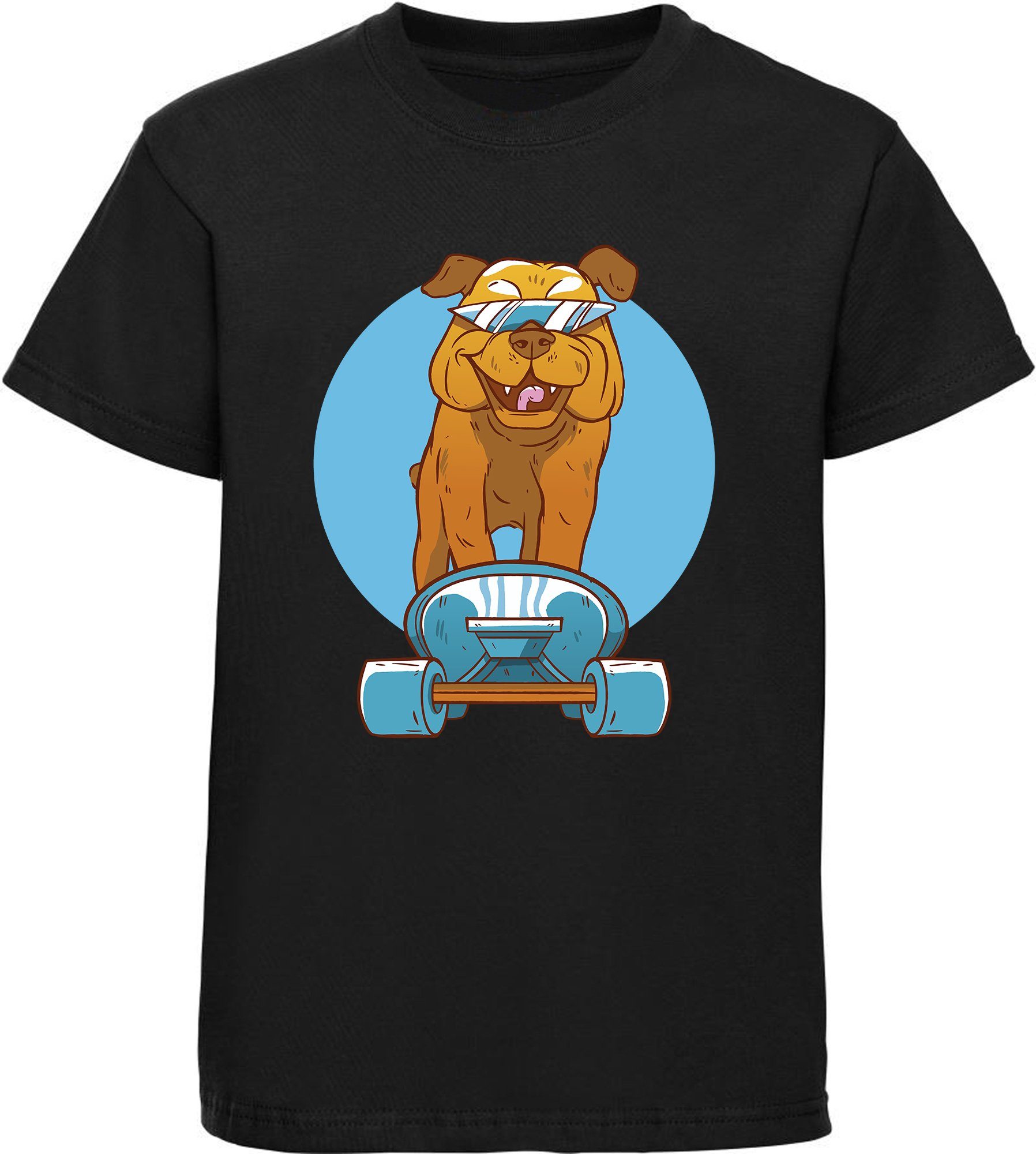 MyDesign24 Print-Shirt Kinder Hunde T-Shirt bedruckt - Cooler Hund mit Skateboard Baumwollshirt mit Aufdruck, i239 schwarz | T-Shirts