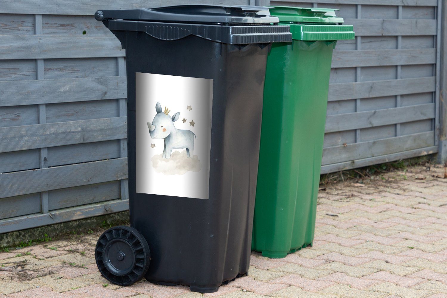 St), Kinder Rhinozeros MuchoWow - Abfalbehälter Sticker, - Container, (1 Mülltonne, Mülleimer-aufkleber, Wandsticker Tiere
