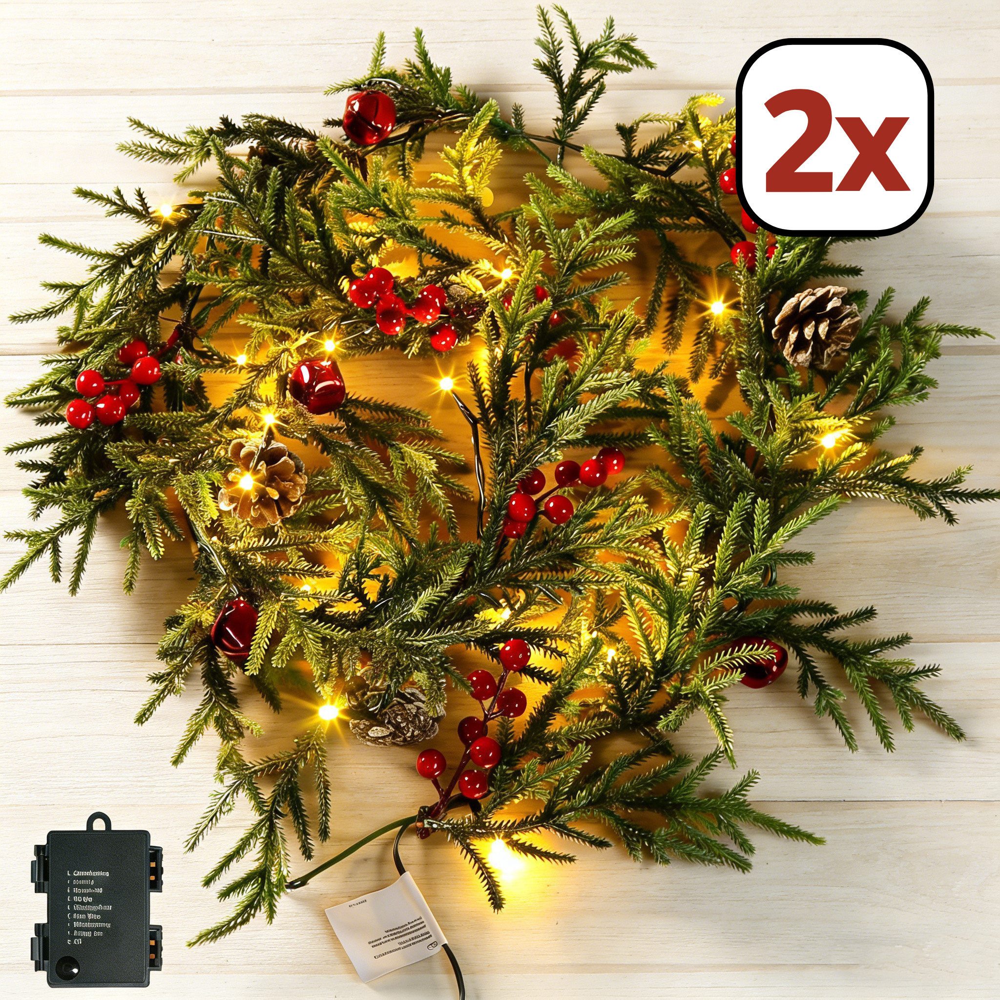 Kunstgirlande mit licht 1.75/2.7M Weihnachtsgirlande mit Beleuchtung, weihnachtsdeko, Elegear, deko für außen & innen, 8 Modi, wasserdichtes Batteriefach, Timer