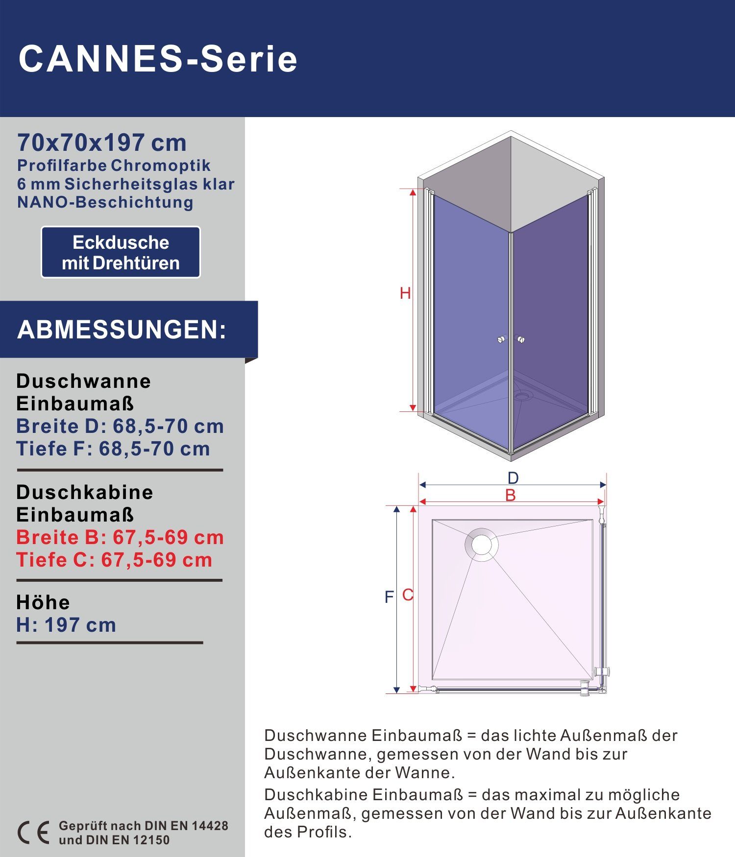 AQUABATOS Eckdusche Duschkabine Eckeinstieg Duschabtrennung Dusche Pendeltür Schwingtür, BxT: 70x70 cm, 6 mm Einscheibensicherheitsglas, mit Nano Beschichtung,mit variablem Verstellbereich,Sicherheitsglas