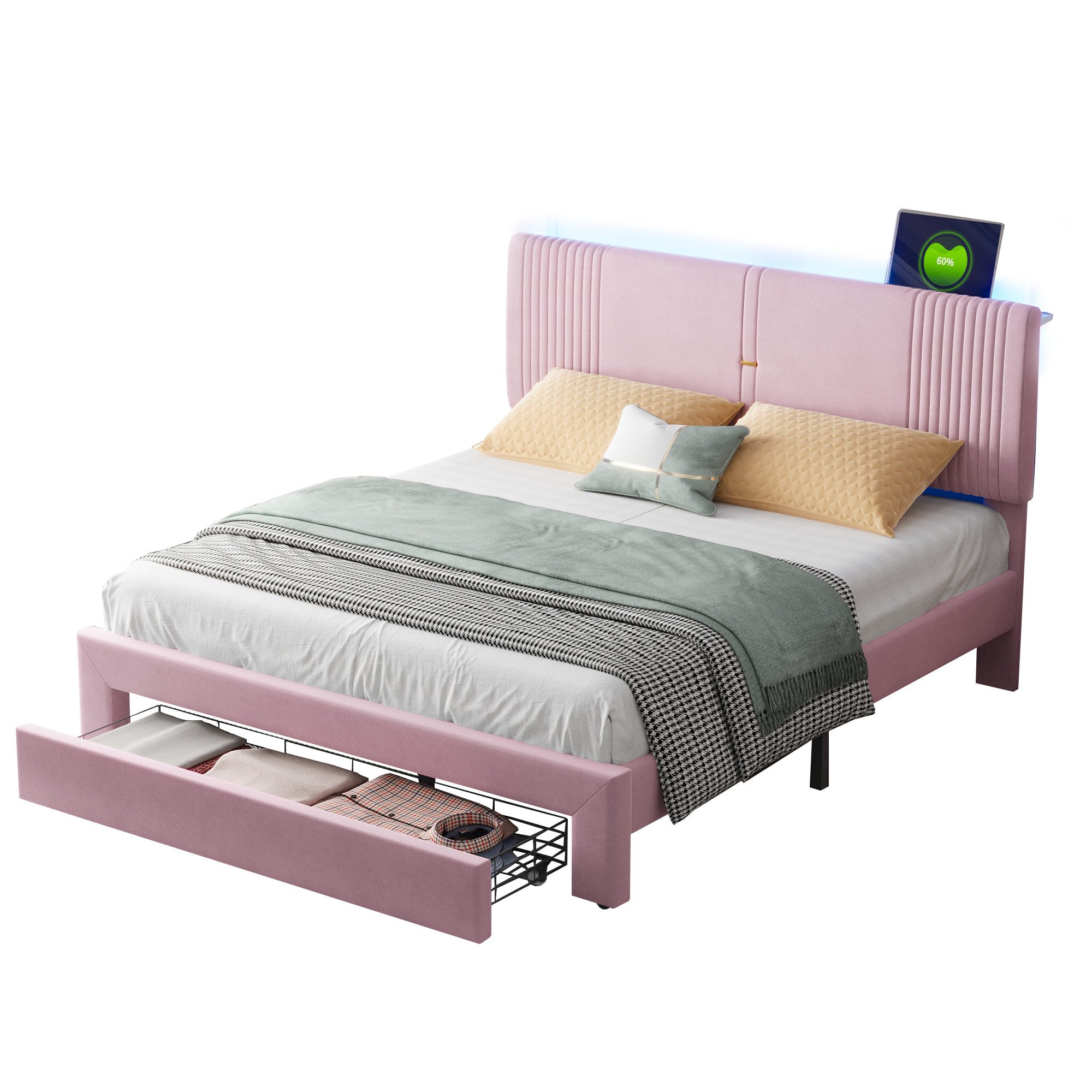 REDOM Polsterbett mit Lichtleiste und USB-Buchse,Doppelbett günstig online kaufen