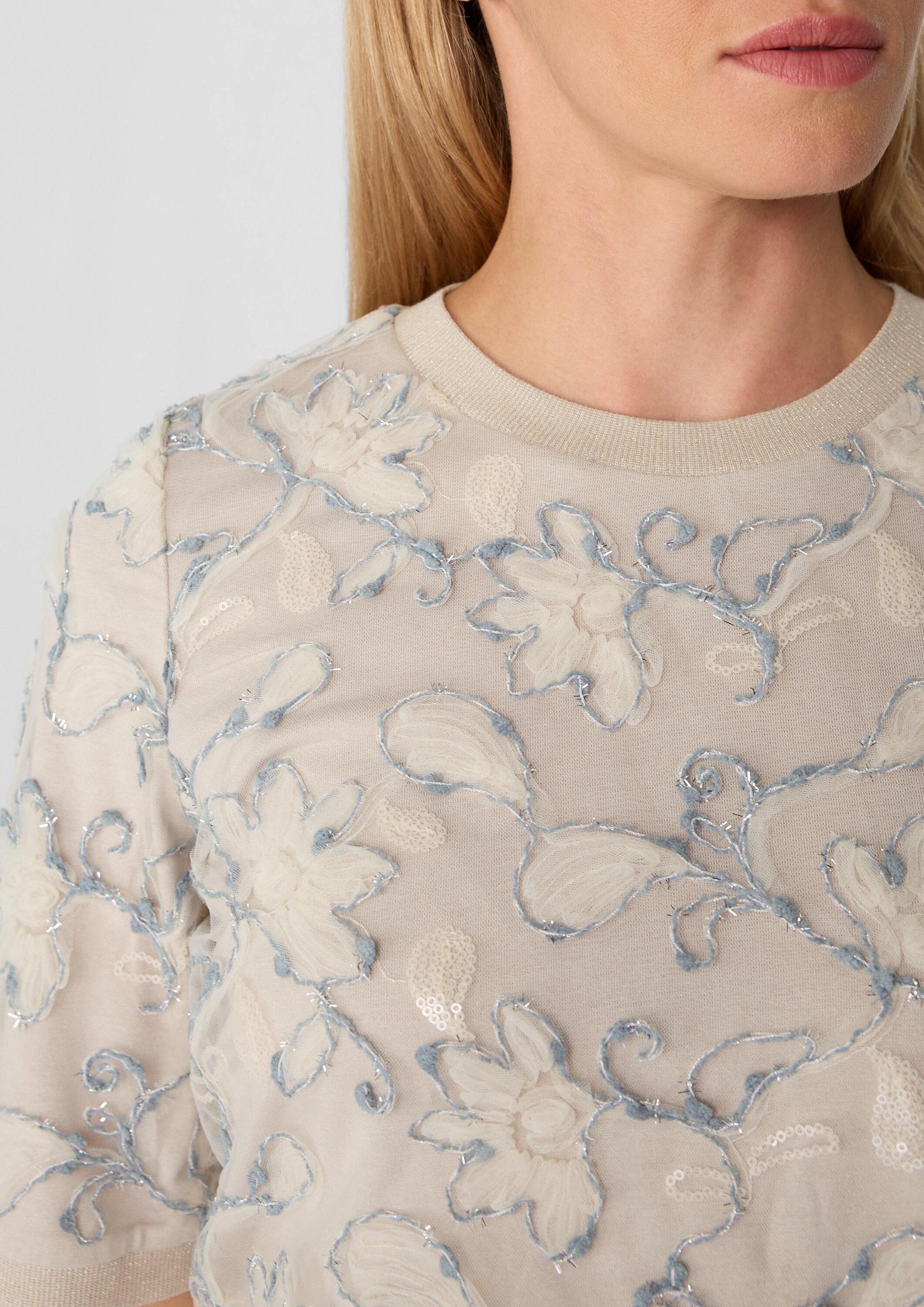 comma Kurzarmbluse Bluse Kurzarmshirt mit Glitzergarn- und Paillettenapplikation