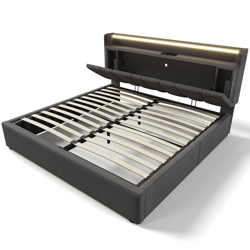 Polsterbett (140 x 200 cm Hydraulisches Bett mit Lattenrost und Matratze), Dopplebett mit LED-Beleuchtung, USB Ladefunktion & Stauraumkopfteil
