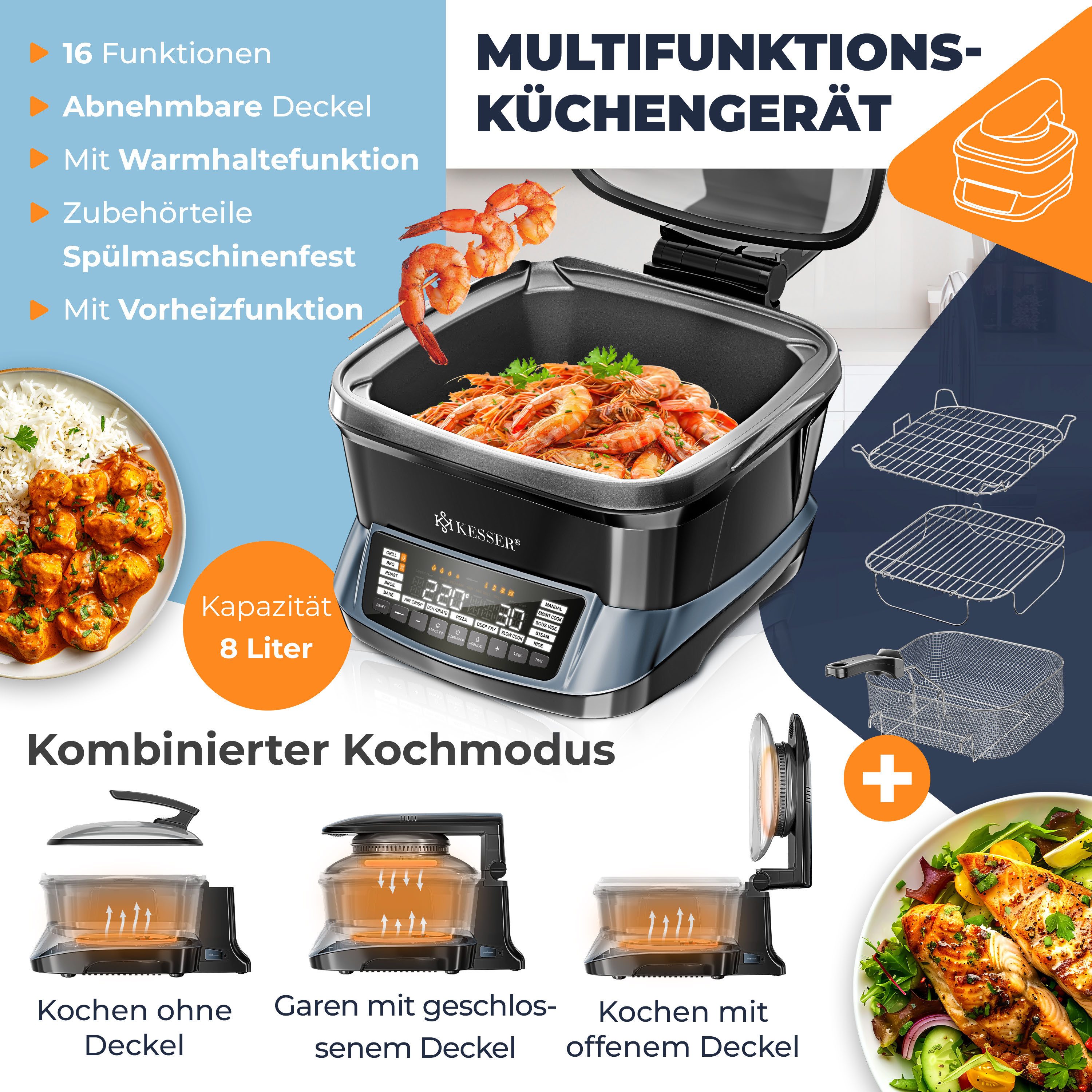 KESSER Multikocher Küchengerät mit 16 Programmen Grillen, Backen, Schmoren, Dampfgaren, 1800 W, All-in-One Slow Cooker, Schnellkochkopf, Heißluftfritteuse, Reiskocher