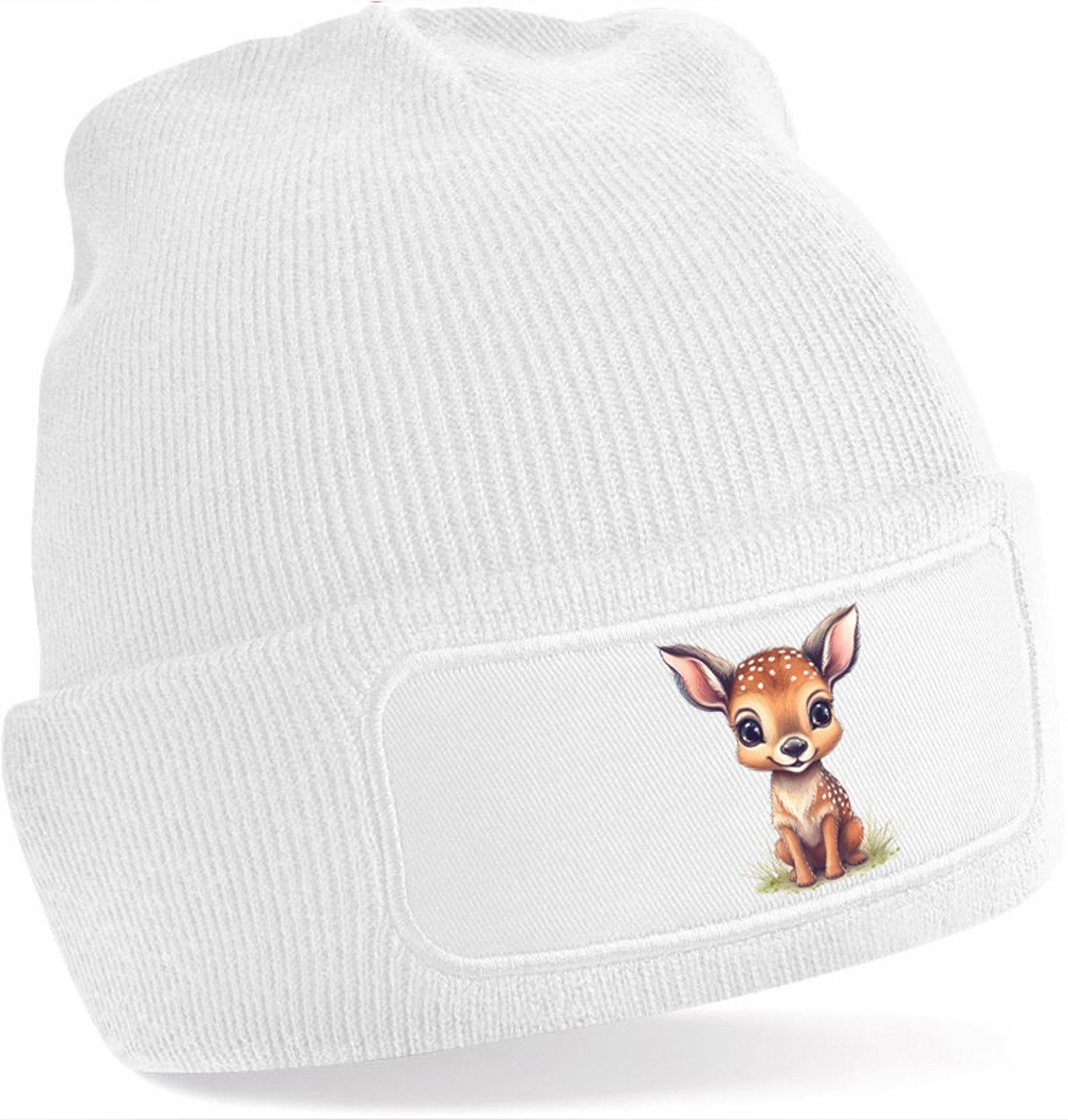 Strickmütze mit niedlichem Reh print - Beanie mit Umschlag