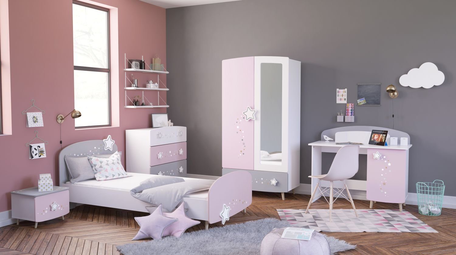 Kindermöbel 24 Jugendzimmer-Set »Kinderzimmer Mädchen Sternschnuppe  5-teilig rosa weiß grau« online kaufen | OTTO