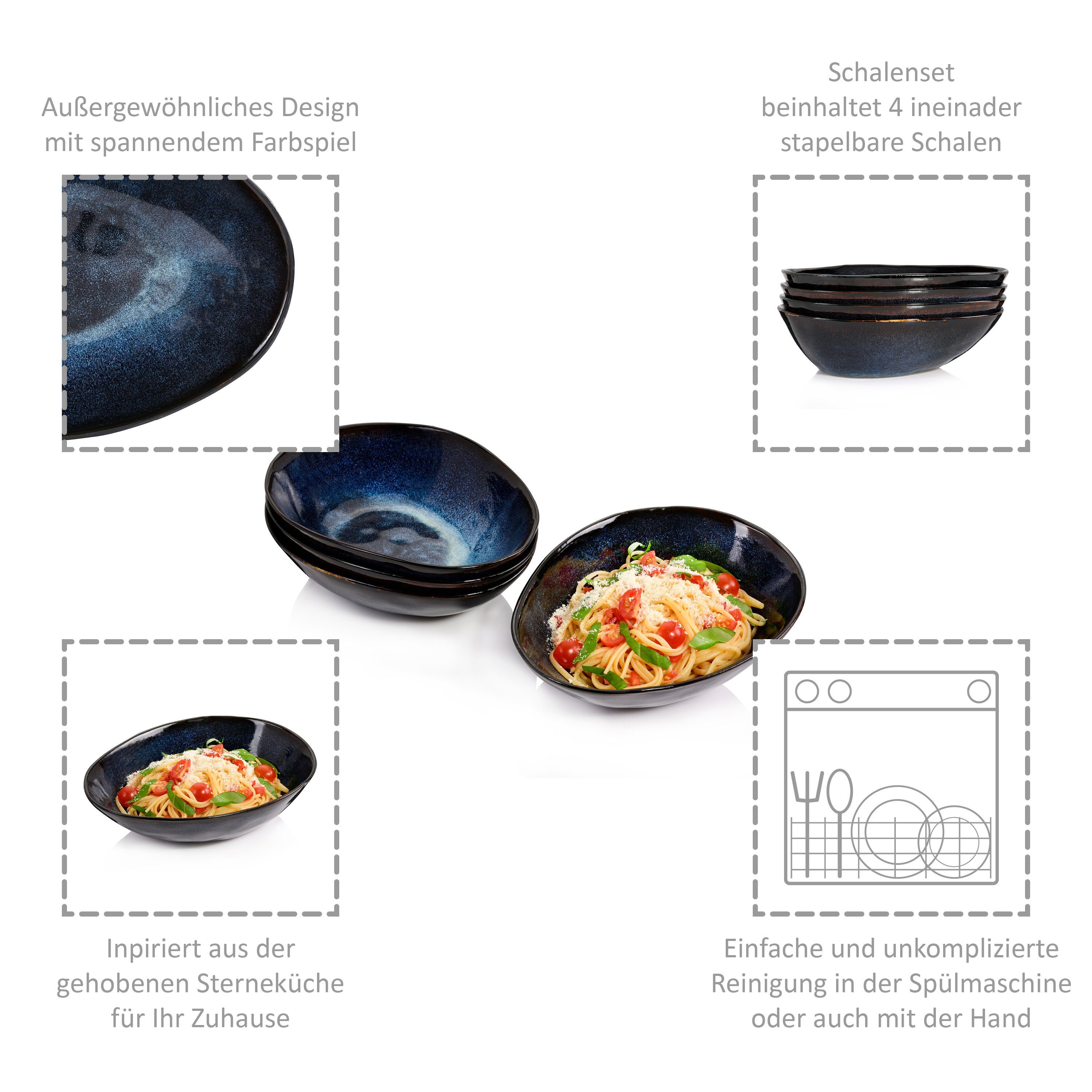 SÄNGER Pastateller Tokio Pastaschalen Set, (4 St), Blau Schwarz, Handmade, Premium Collection