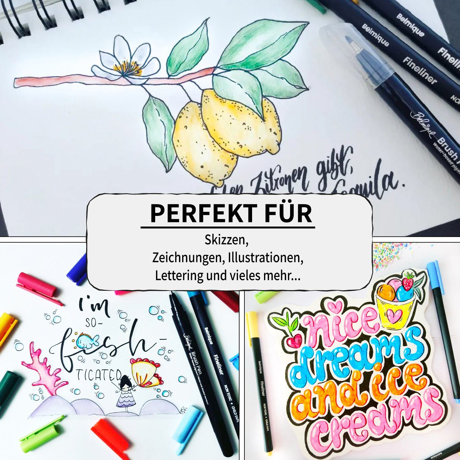 Thumbnail - Belmique Fineliner inkl. 4 verschiedene Brushpens, (16er Set, Fineliner Bunt & Schwarze Brushpens), Für Handlettering, K...
