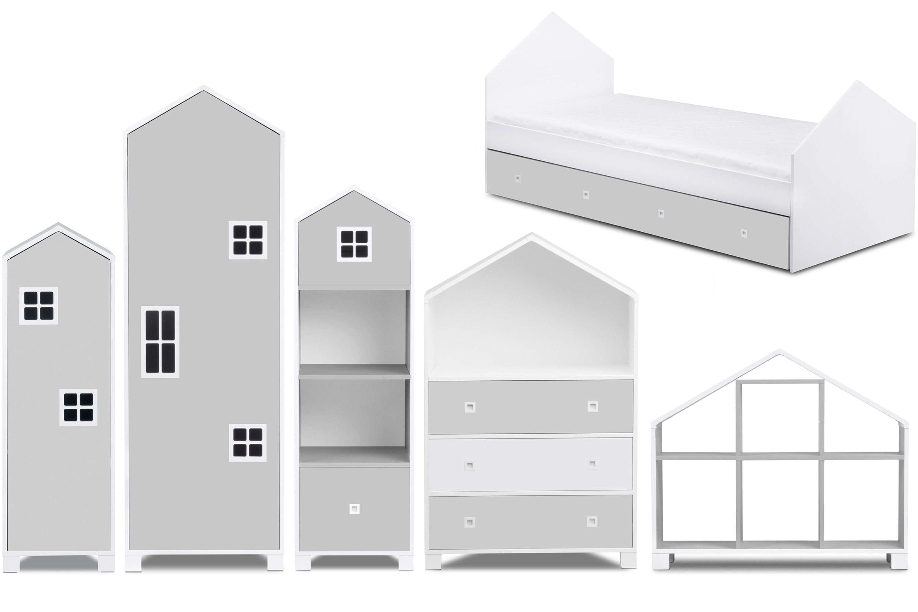 KONSIMO® Babyzimmer-Komplettset MIRUM Kinderzimmer-Möbelset Komplett-Kinderzimmer, (6-tlg), Kommode, 2x Kleiderschrank, 2x Bücherregal, Bettgestell