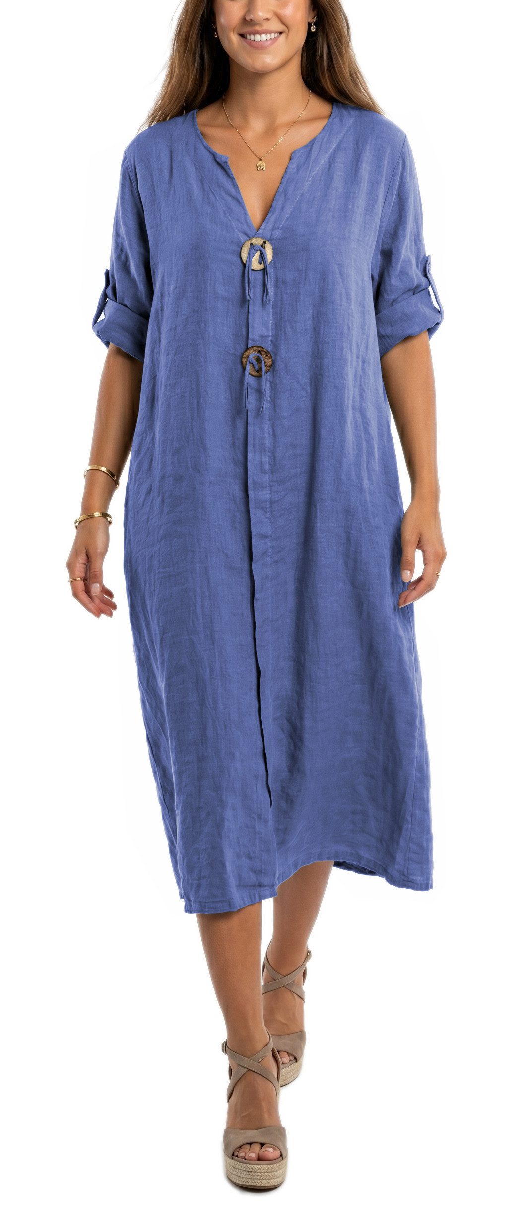 dy_mode Hemdblusenkleid Damen Leinenkleid Midi Hemdblusenkleid mit V-Ausschnitt Freizeitkleid in Unifarbe, V-Ausschnitt, mit seitlichen Eingriffstaschen