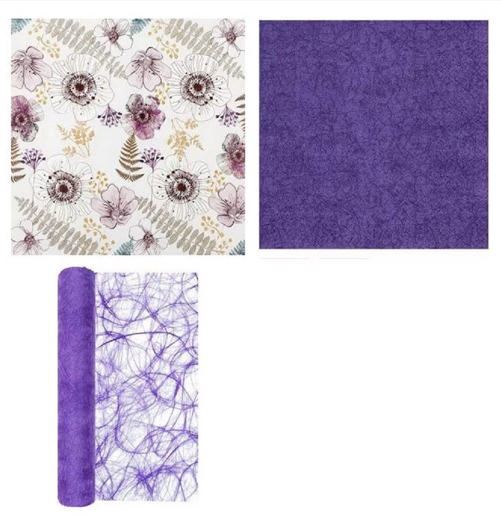 HOME FASHION Papierserviette Blumen, Swirly Lila, 2 x Servietten + Tischläufer Vlies, Sommer, Frühlng, Herbst, Winter, Tischdeko Motiv