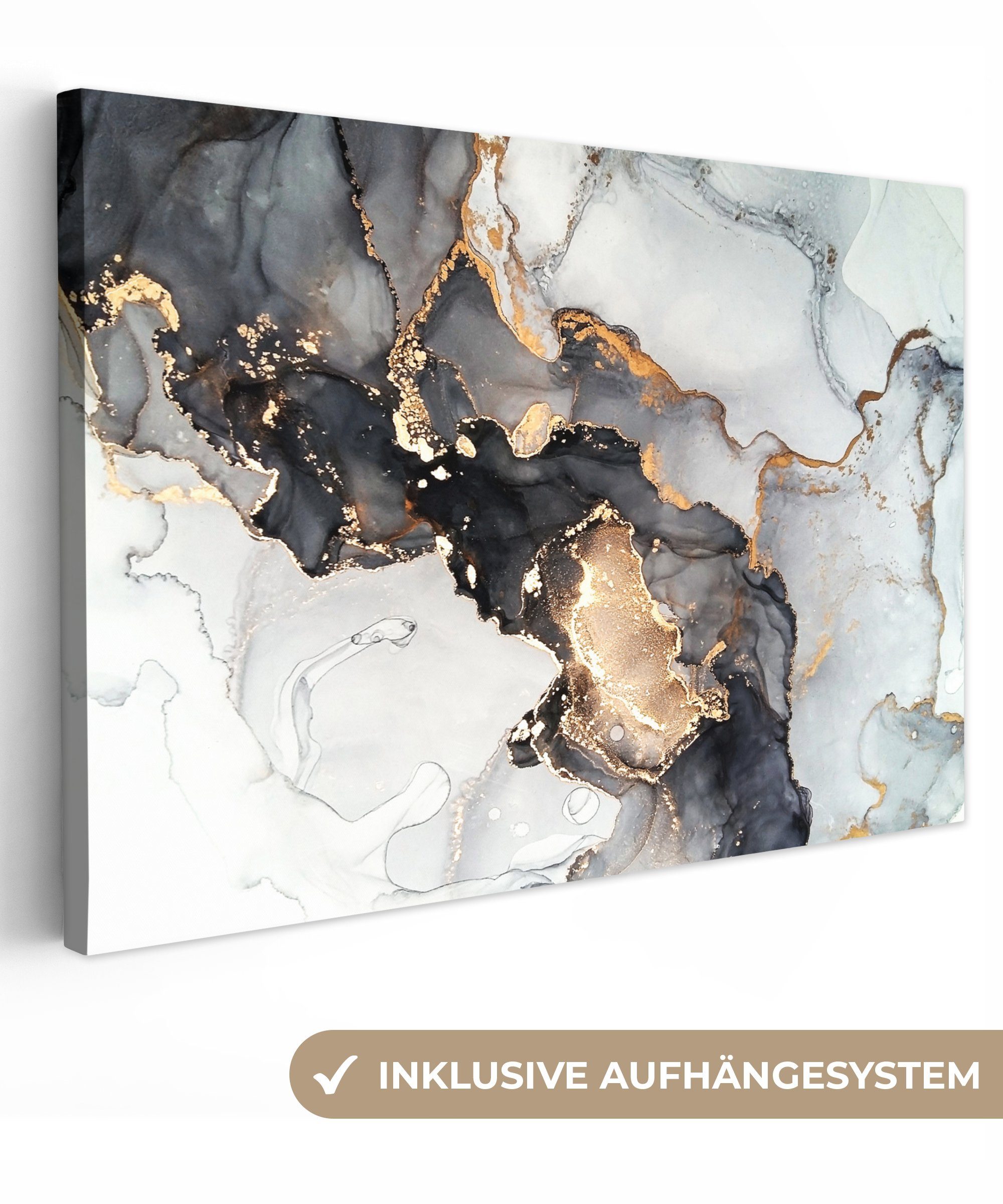 OneMillionCanvasses® Leinwandbild Marmor - Schwarz - Weiß - Gold - Luxus - Abstrakt, Marmor - Luxus (1 St), Wandbild für alle Wohnbereiche, Gemälde, XXL, großes, 120x80 cm
