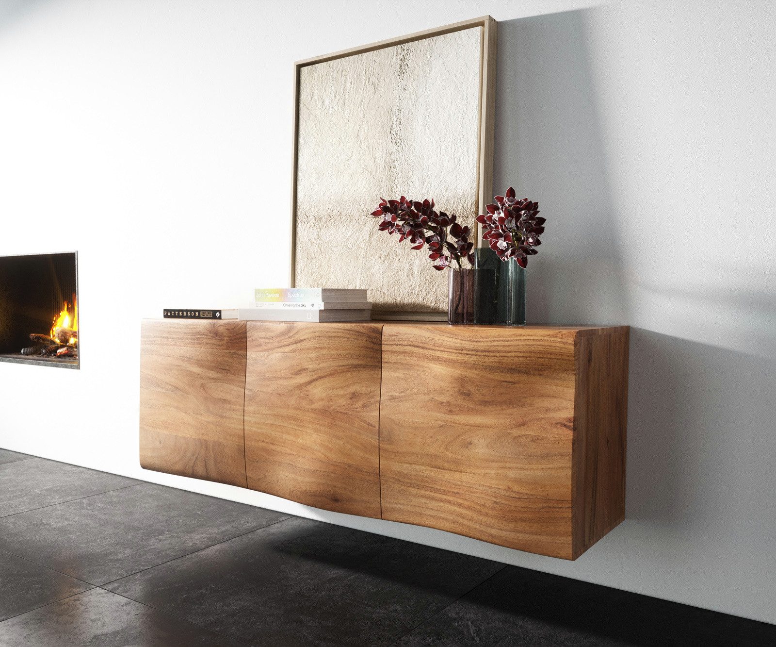 DELIFE Sideboard New, Live-Edge Akazie Natur 145 cm 3 Türen schwebend Sideboard